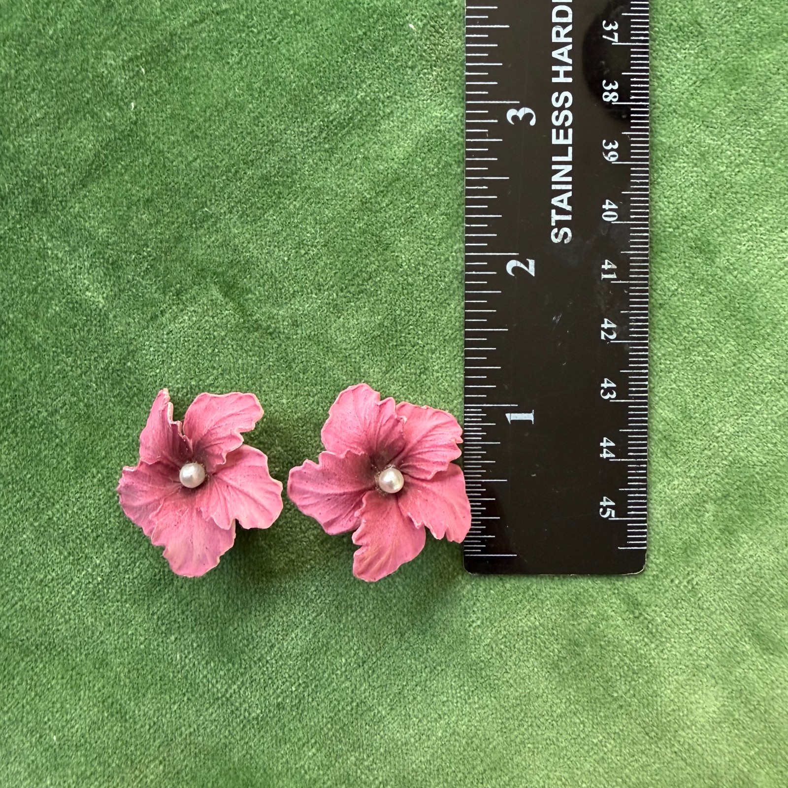 Vintage Celluloid EARRINGS Gesch West Germany Hibiscus Pink Clip On Faux Pearl