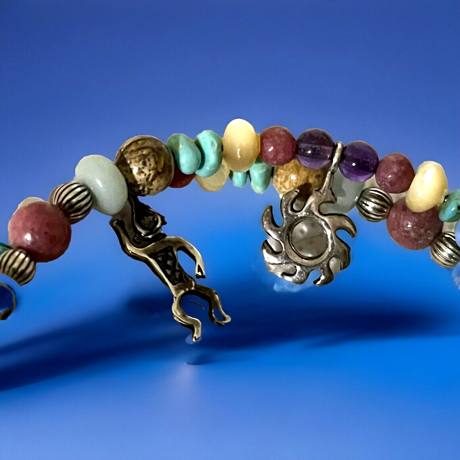 Vtg South Western Genuine Stone Bead Bracelet 6 Sterling Silver Indian Charms
