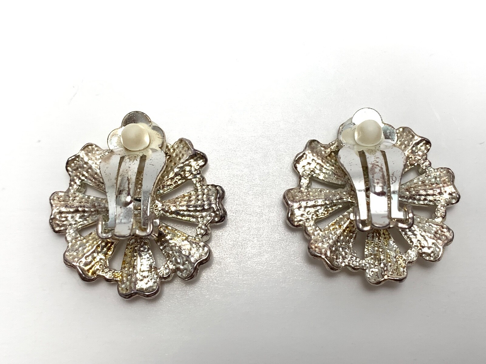 Vintage Silver Tone with White Stone Floral Brooch with Matching Clip Earrings