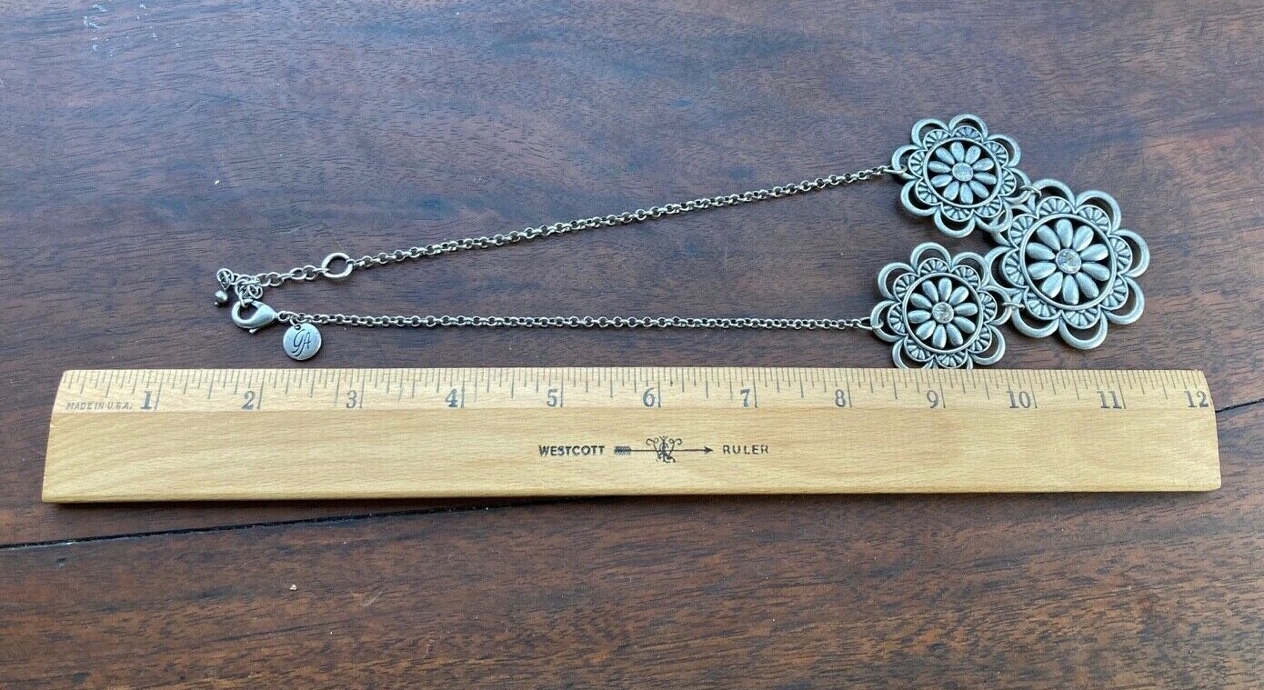 Silver Metal & CZ Statement Collar Flower Necklace Signed ‘GA’ 18-20″