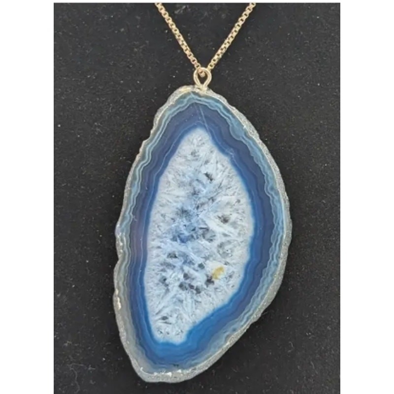 Blue Geode Slice Pendant on 18 inch 925 Sterling Silver chain Made In Italy