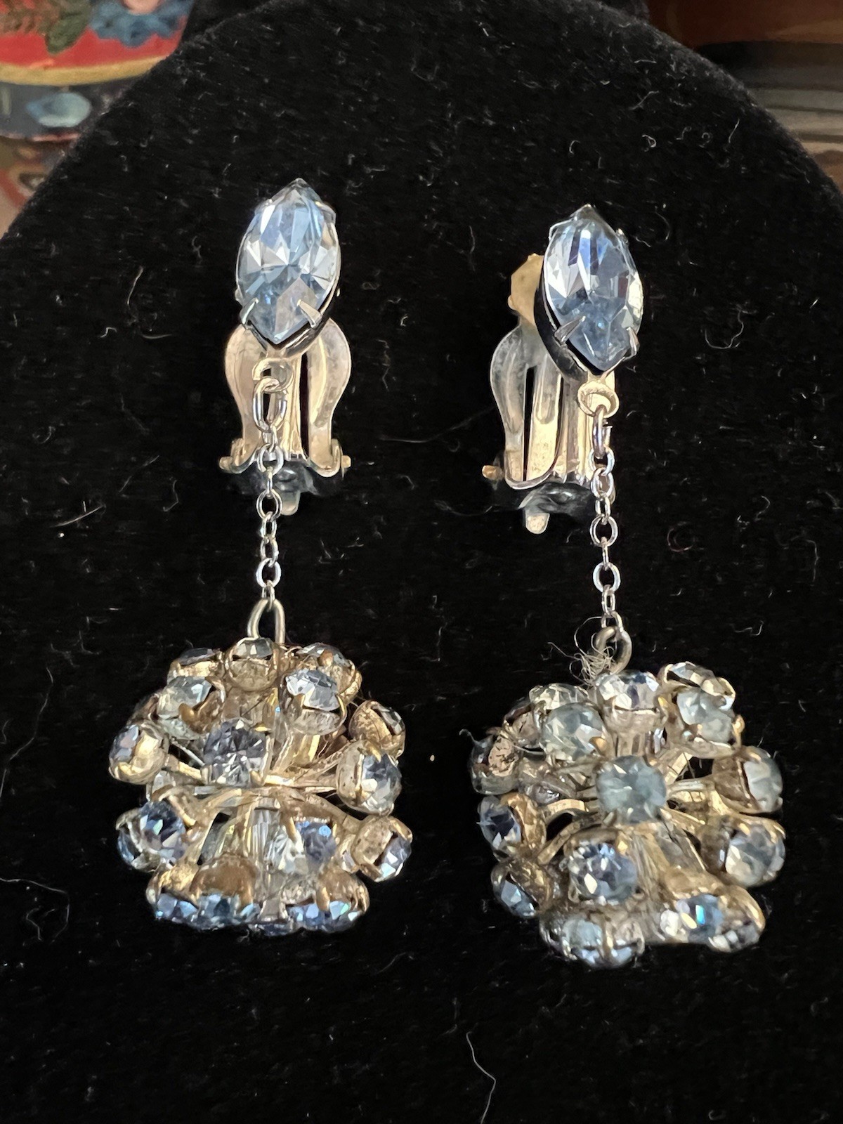 Vintage La Roco Blue Rhinestone Dangle Clip On Earrings, Silver Toned, Signed!