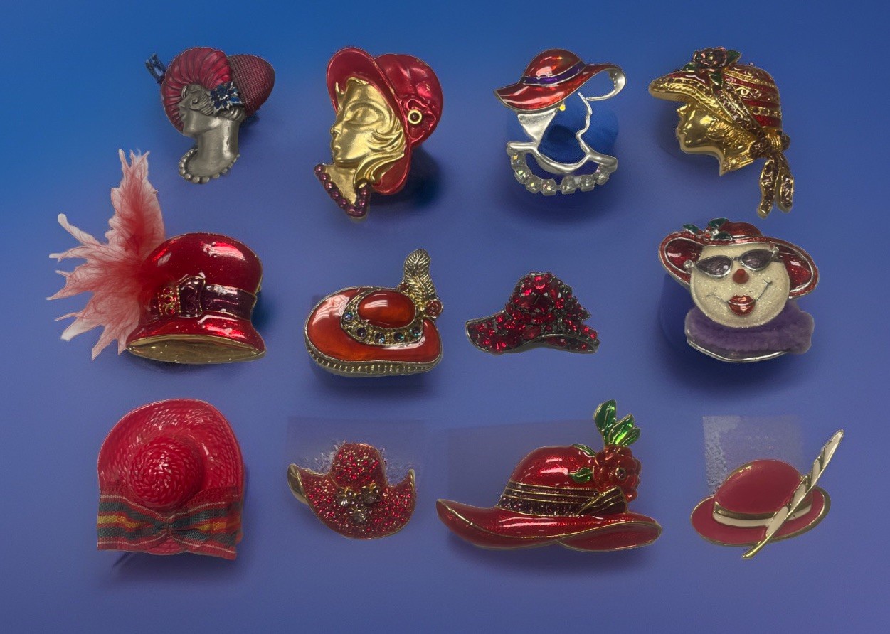 12 Ladies Red Hat Society Jewelry Brooch Pin /Pendant Enamel Rhinestone Vintage