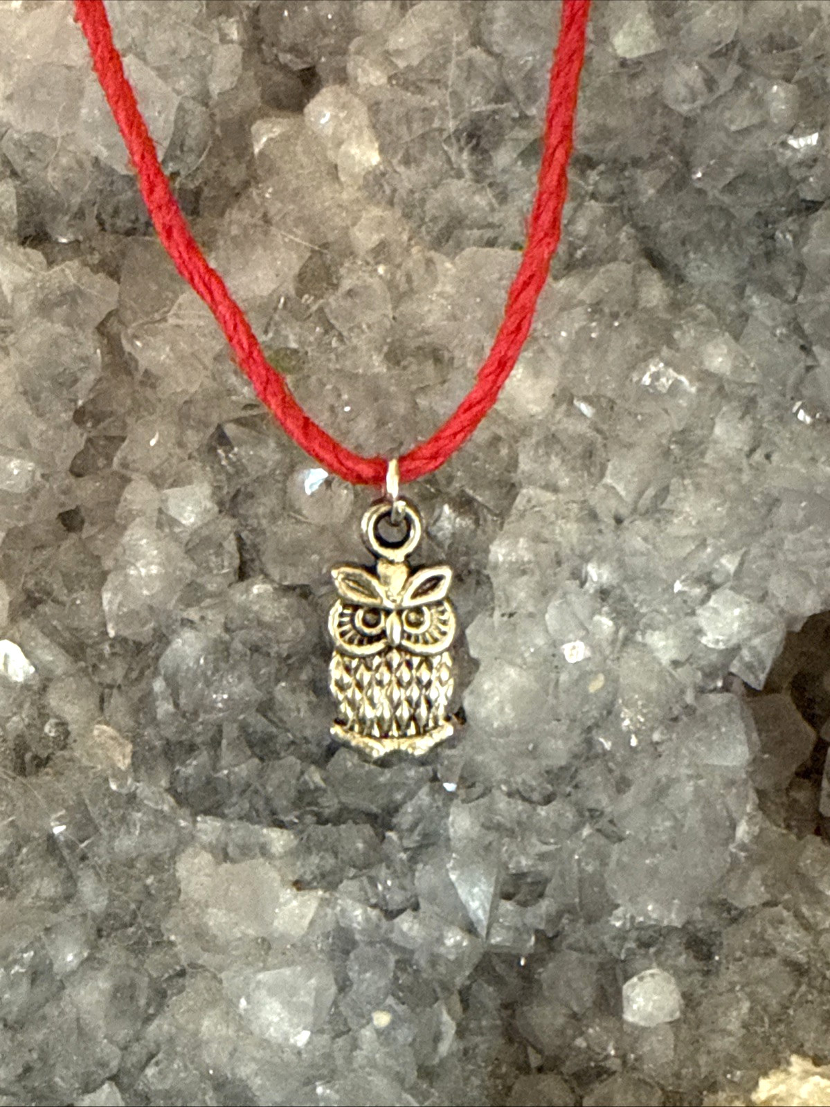 tiny OWL CHARM Dainty Necklace Hemp Cord Boho Festival Tibetan Silver Tone GIFT