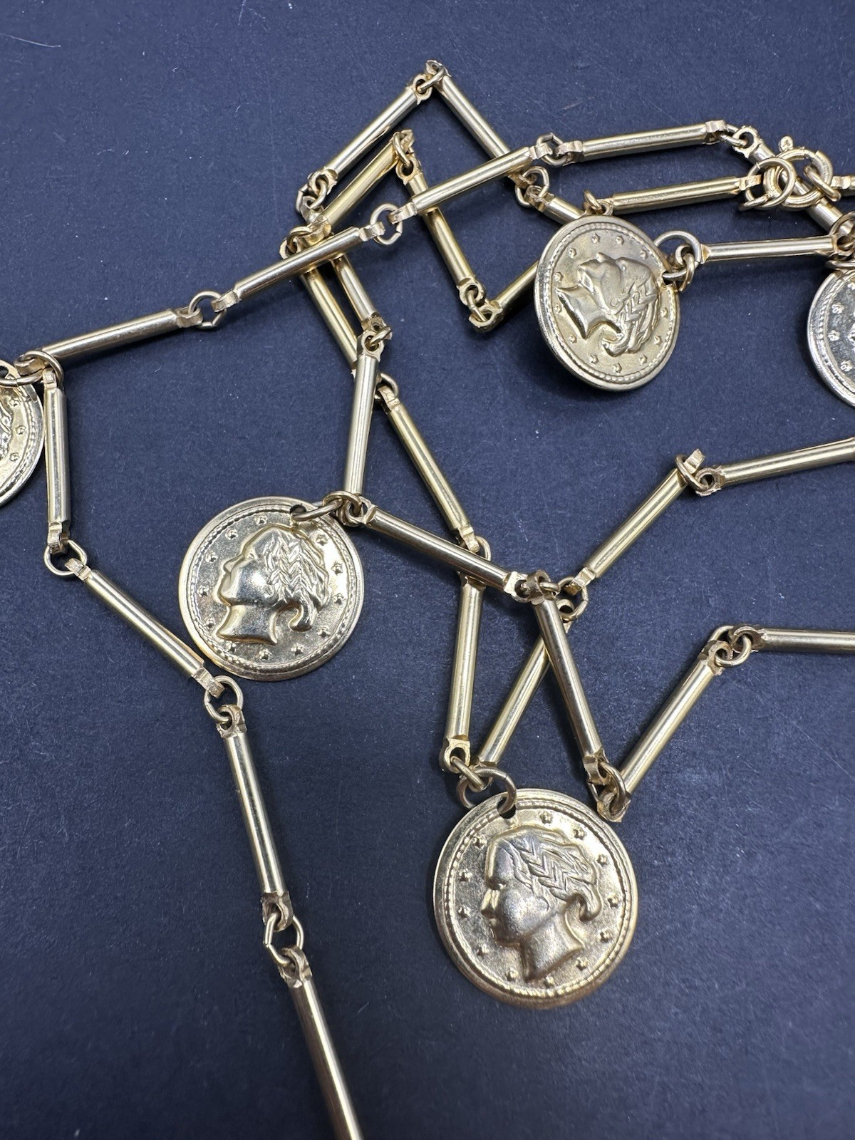 Vintage Necklace Chain Station Coin Charm Dangle Bar Link Goldtone 54”