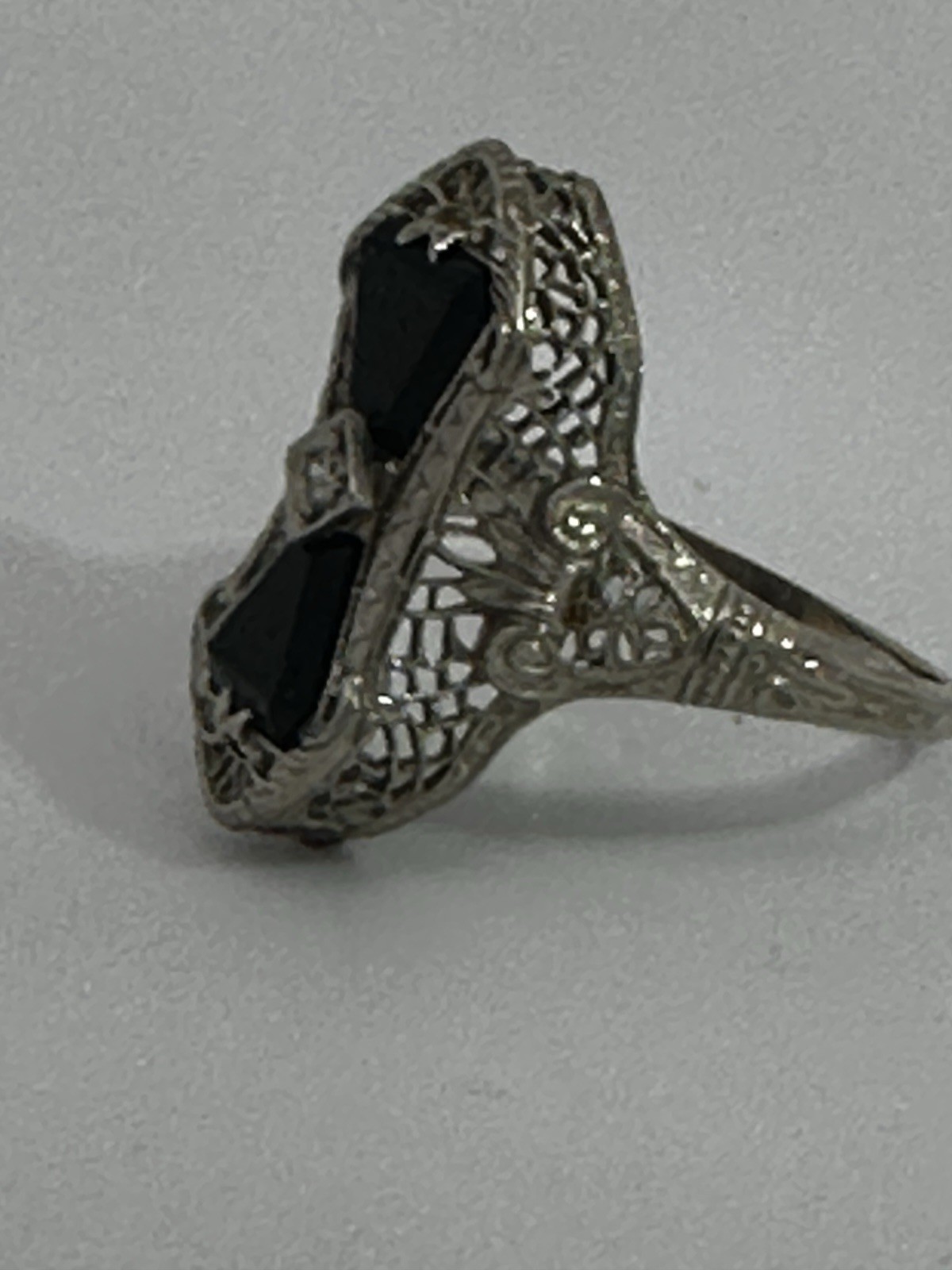 Vintage 14k White Gold Estate Onyx Diamond Ring Filigree Art Deco