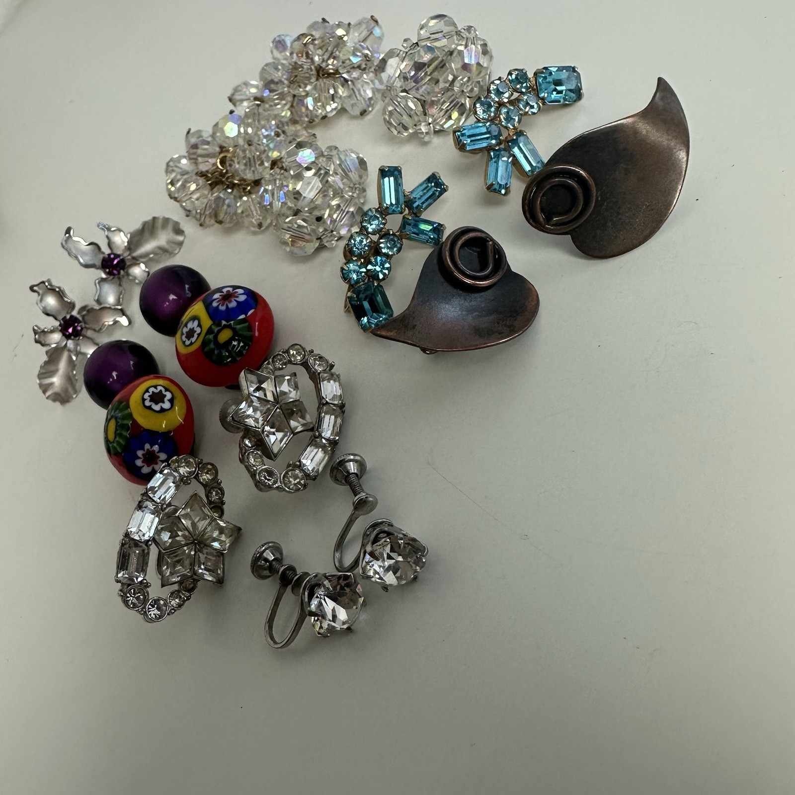 Vintage Clip On Earring Lot Millefiore Hollycraft Star Orchid Moonglow Purple