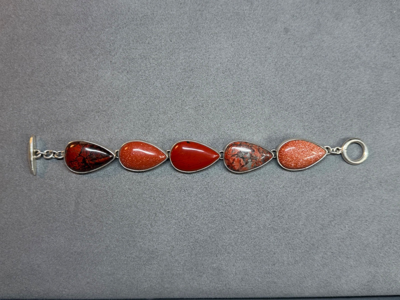 Vintage LOS CASTILLO Mexico Sterling Silver Red & Poppy Jasper Cabochon Bracelet