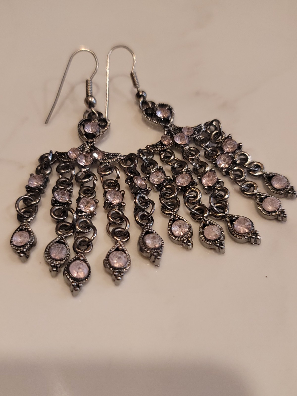 Vintage Style Chandelier Earrings Pink Rhinestone Gunmetal Dangle Boho