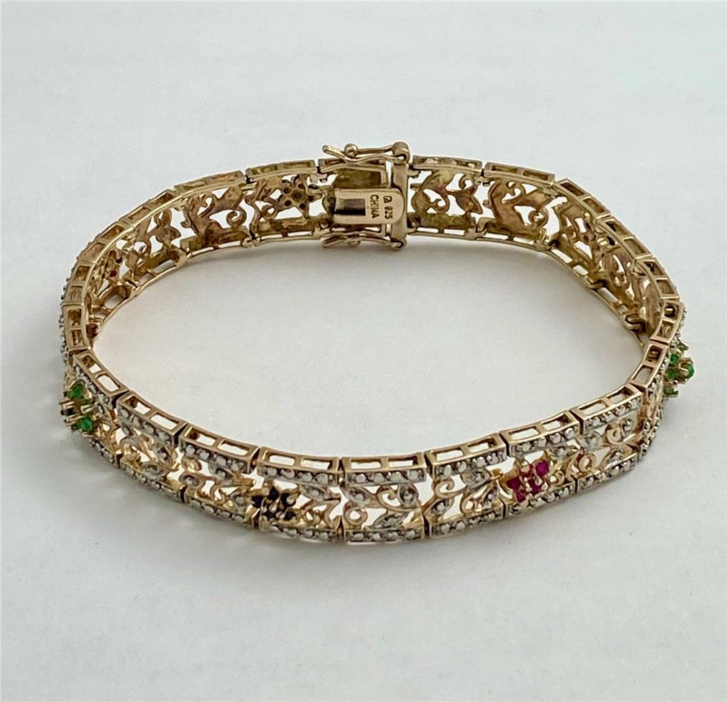 Ross Simons Sterling Silver Gold Pl. Emerald Ruby Sapphire Floral Bracelet 7-1/4