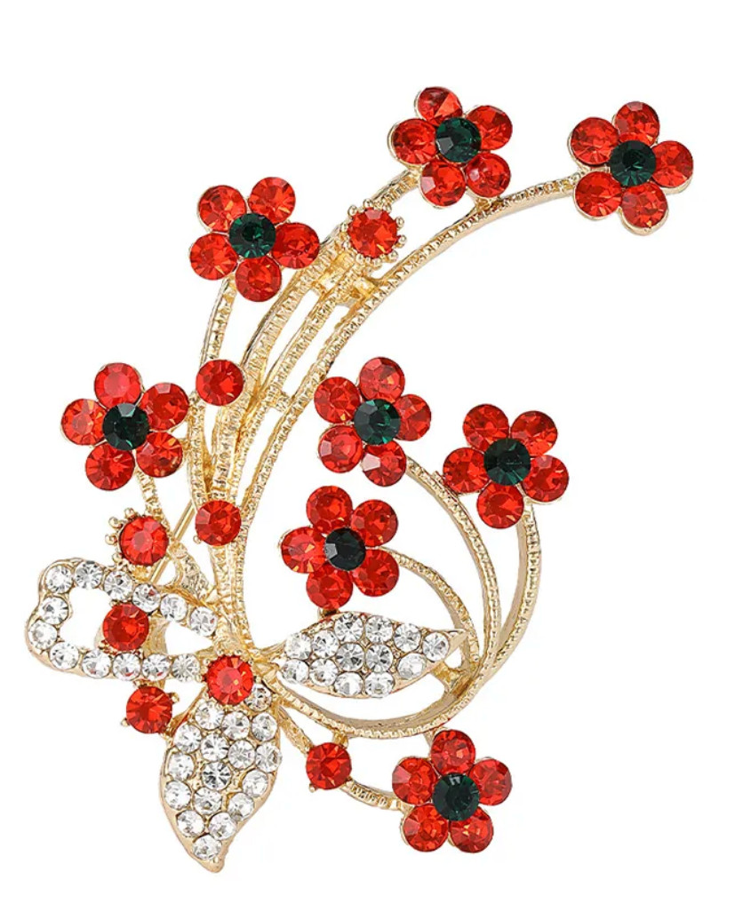 Red Poppy Multi-Flower Rhinestone Brooch *New*