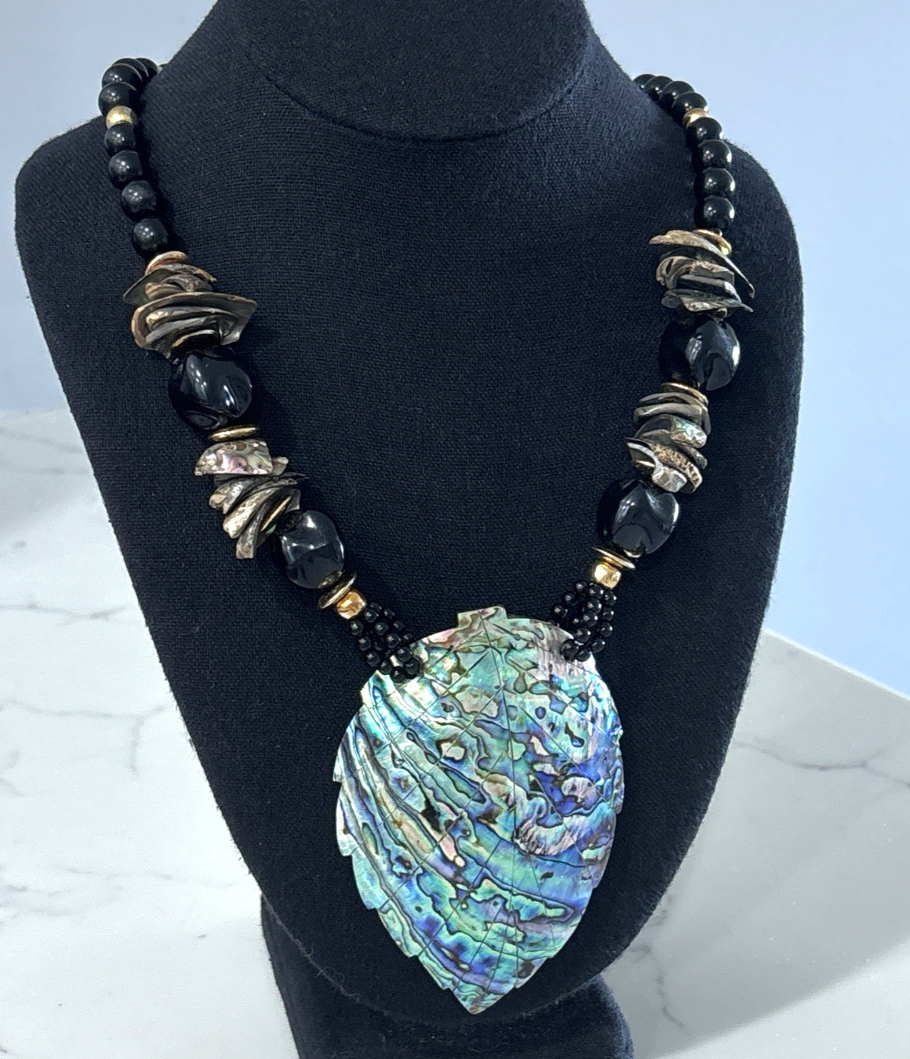 Vintage Beaded Statement Necklace Carved Abalone Shell Leaf Boho Black 80s 90s