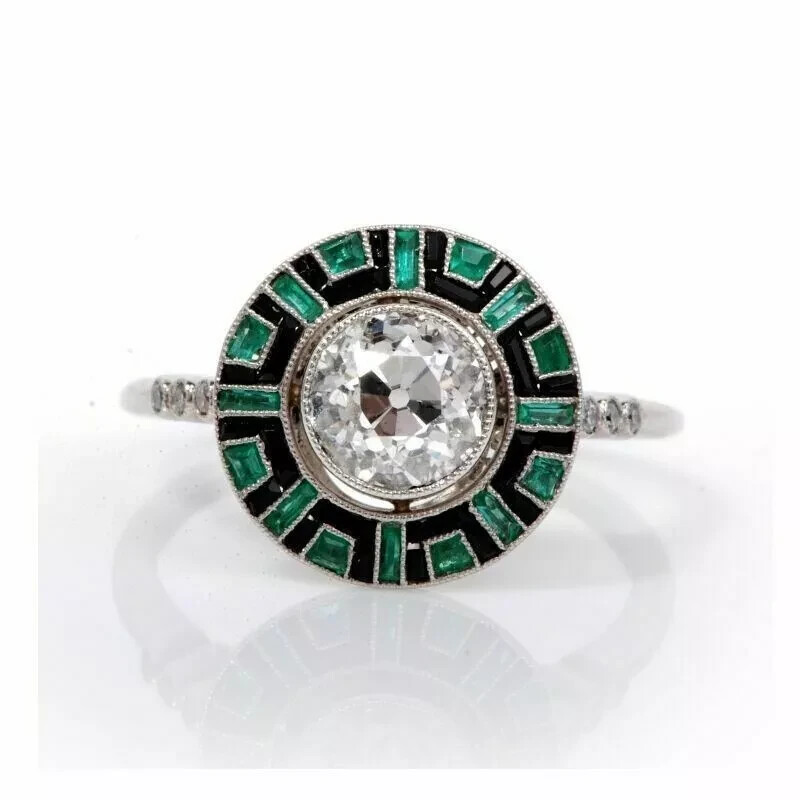 Art Deco Style Lab-Created Diamond & Emerald Enamel Ring 14k White Gold Finish