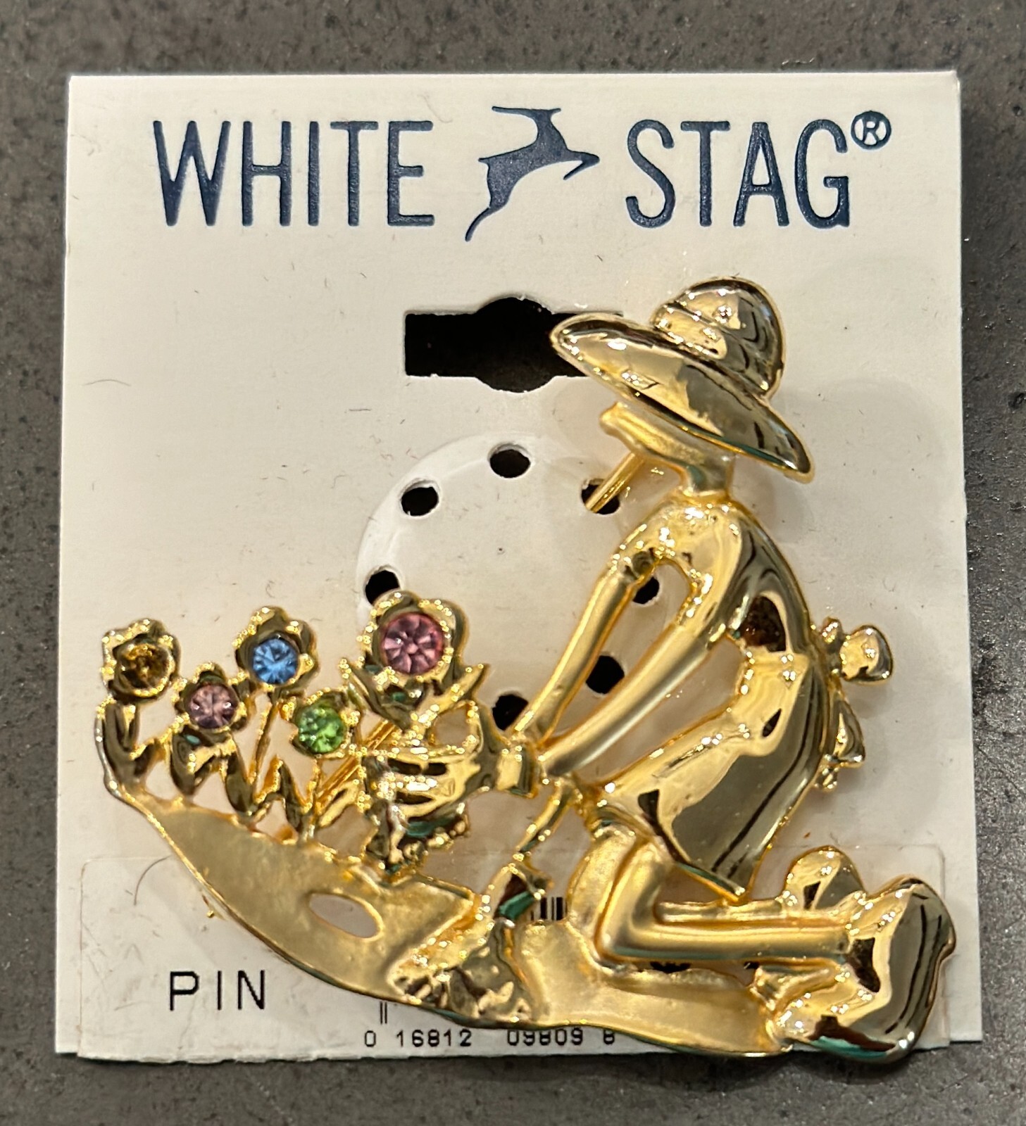 White Stag Gold Toned Gardener Brooch Pin Multi-colored Rhinestone Flowers 2″x2″