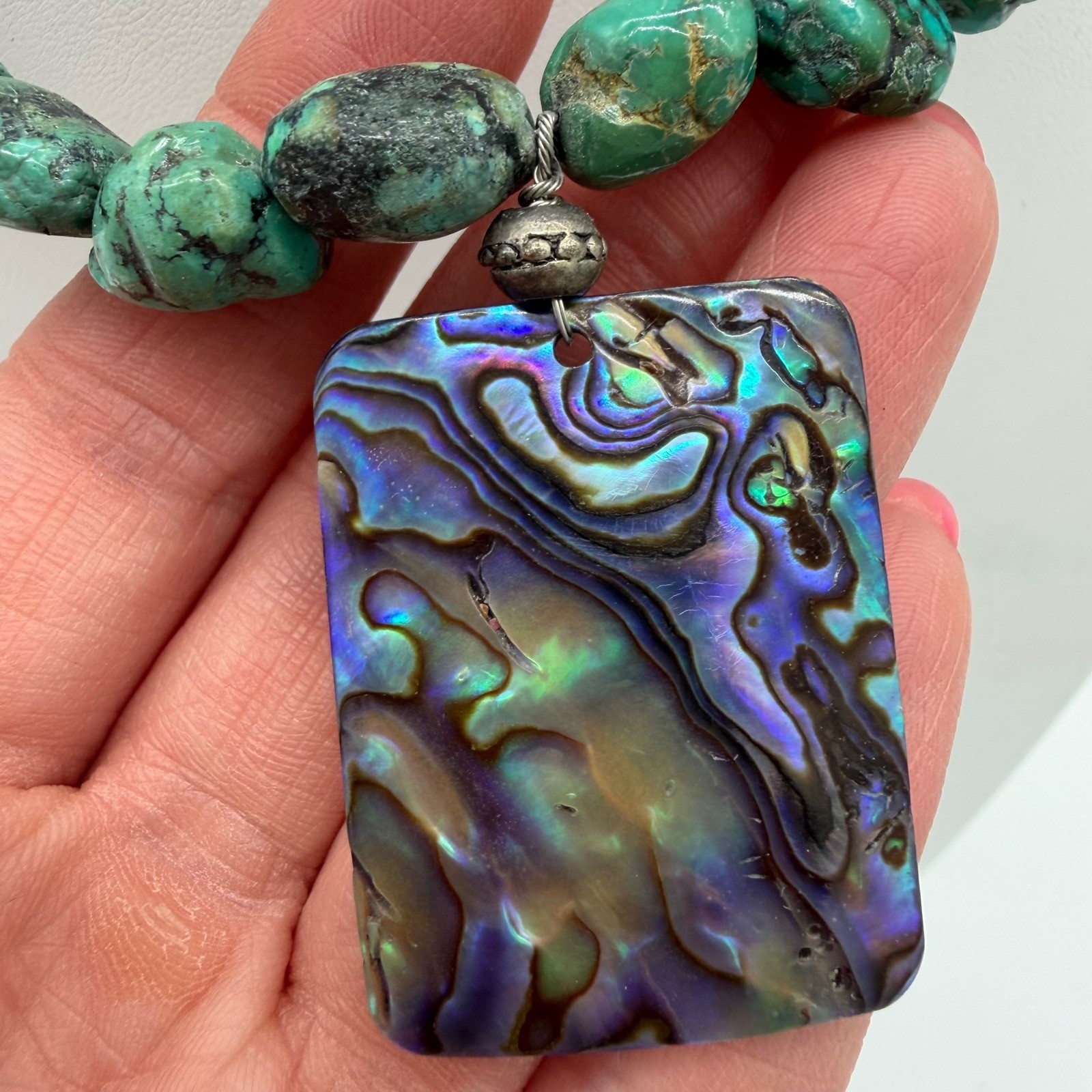 Vintage Turquoise Nugget Statement Necklace Abalone Pendant