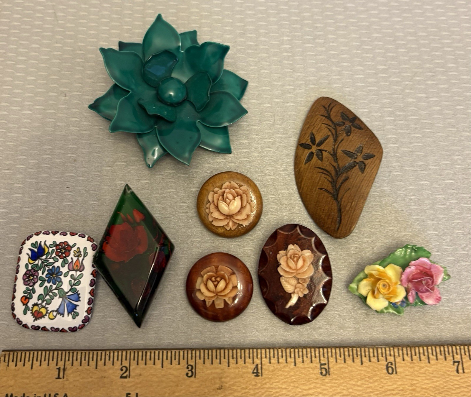 Vintage Flower Pin Brooch Lot Enamel Austria England Wood Lucite Mod Roses 8P