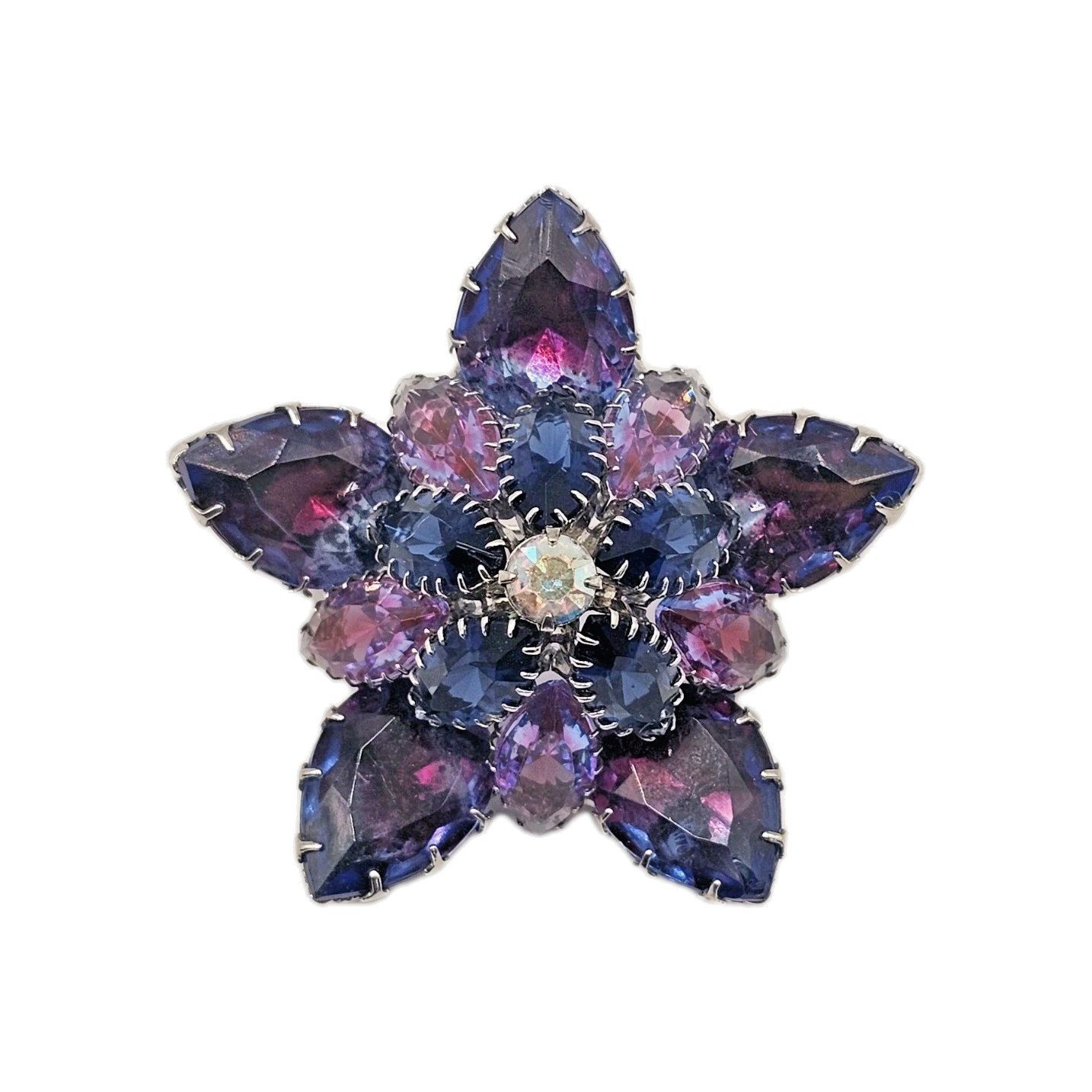 VTG Starburst Domed Purple Blue Pink Vitrail Glass Rhinestone Brooch Silver Tone
