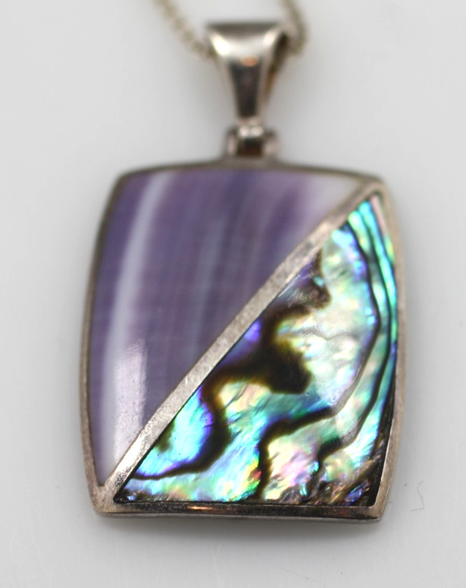 Purple stone & abalone shell pendant 925 Sterling Silver chain 20” Necklace