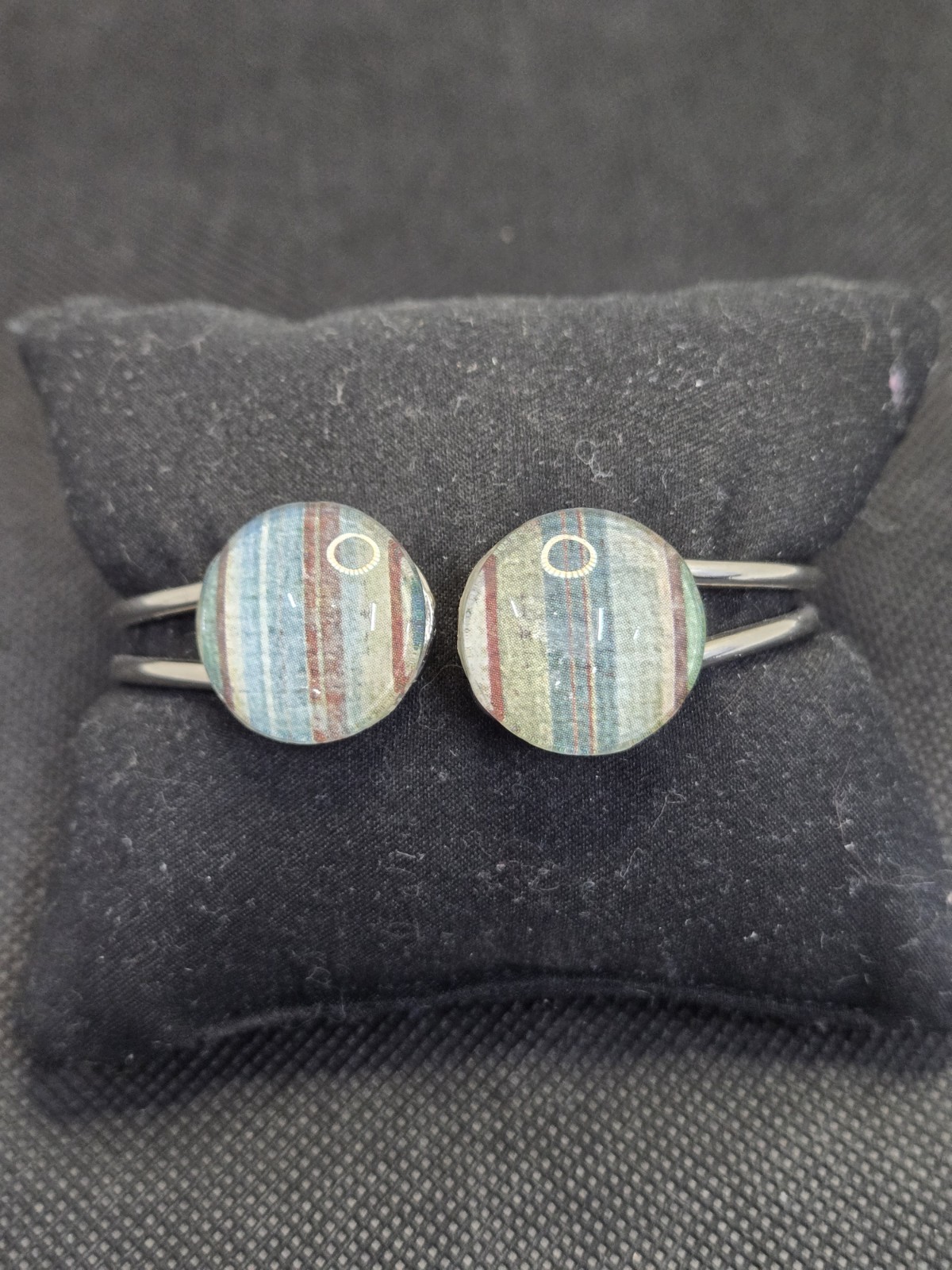 Vintage Silver Tone Hinged Cuff Bracelet | Double Bezel Art Glass Cabochons |…