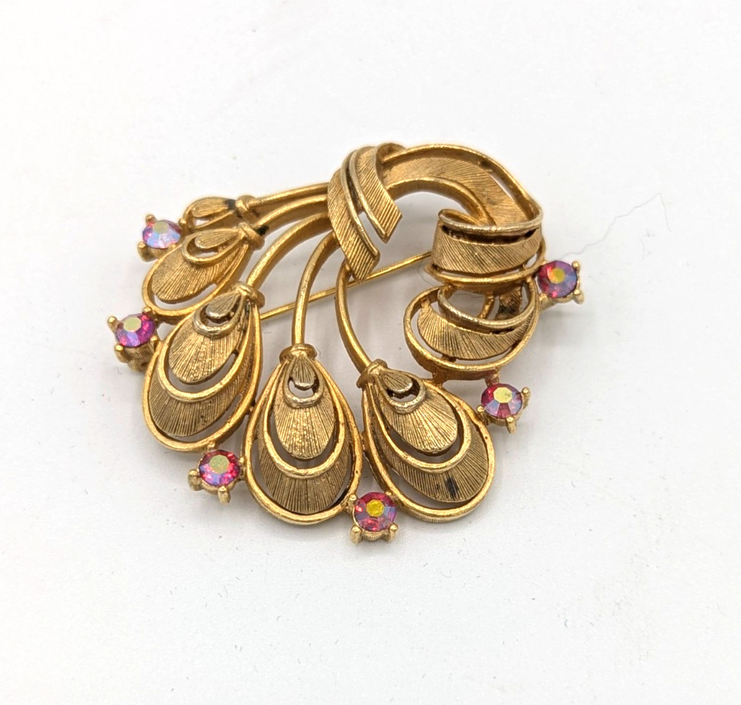 Vintage Lisner Red AB Brooch Aurora borealis Crystal Flower Pin MCM Gold Tone