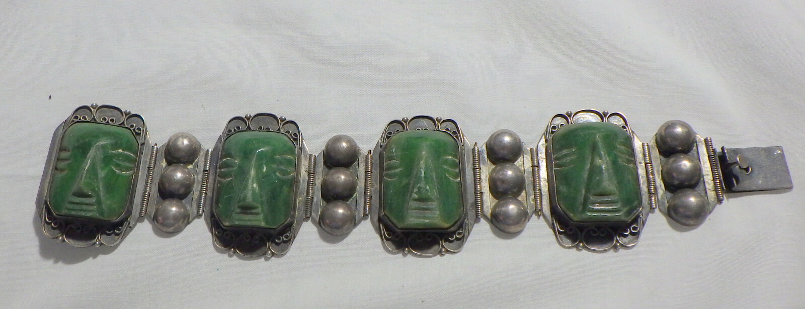 MEXICO STERLING BRACELET W, CARVED JADE INTRICATE AZTEC WARRIOR FACE 76 GRAMS