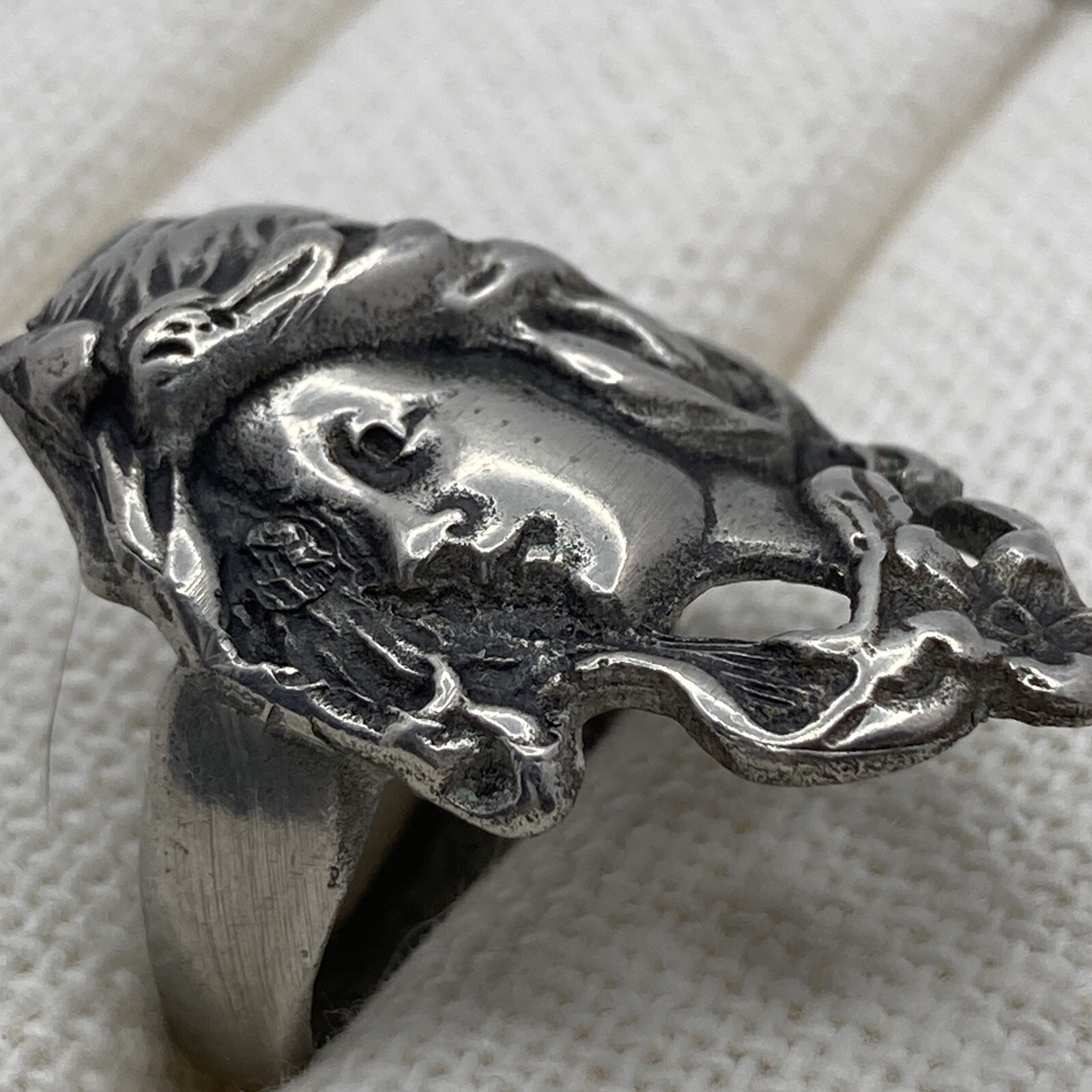 Maiden or Mermaid Figural Art Nouveau Pewter Repousse Ring Size 7.5-8 B30