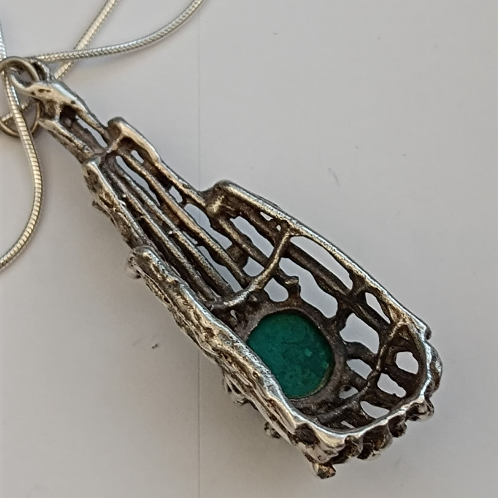 Modernist Brutalist Eilat Stone Pendant Necklace Sterling Silver Israeli 70s VTG