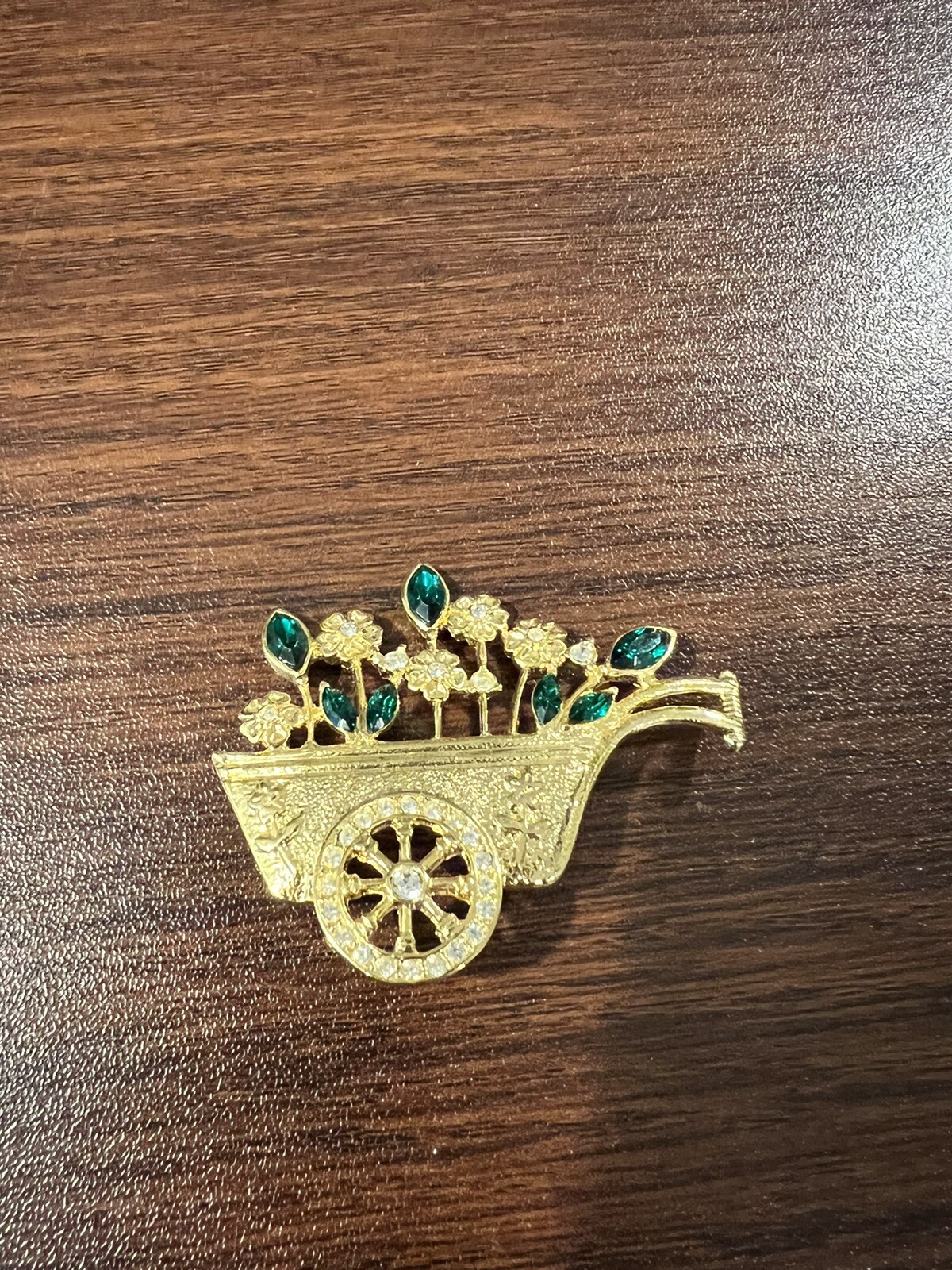 Gold Tone Green Rhinestone Flower Garden Wheelbarrow Wagon Cart Brooch Pin