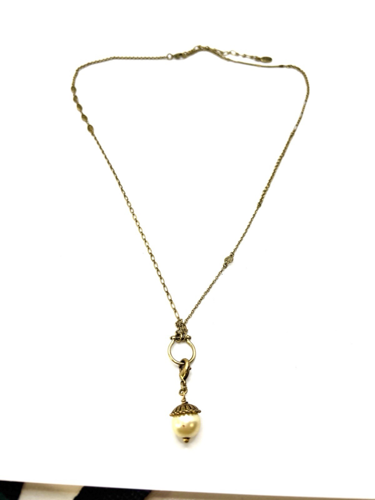 Danish Design Pearl Charm Holder Necklace 24-30″ Antique Brass Stations