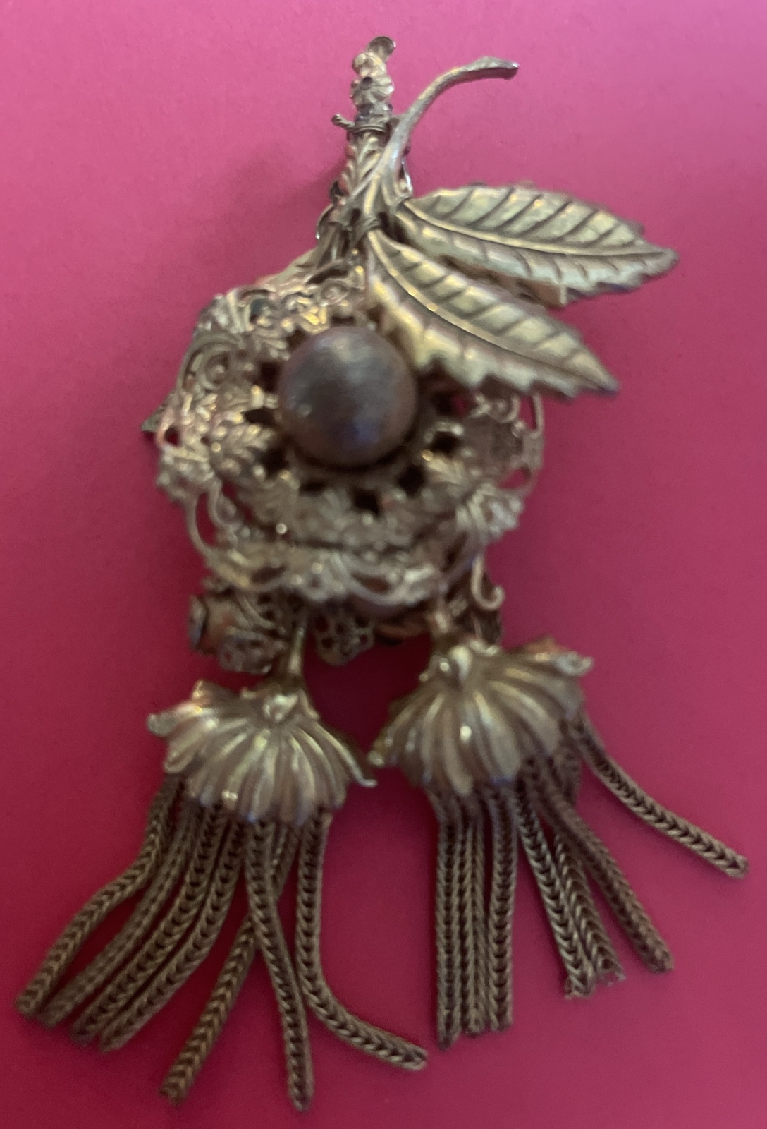 Vintage Signed Miriam Haskell Dangling Tassels GoldTone Brooch S04
