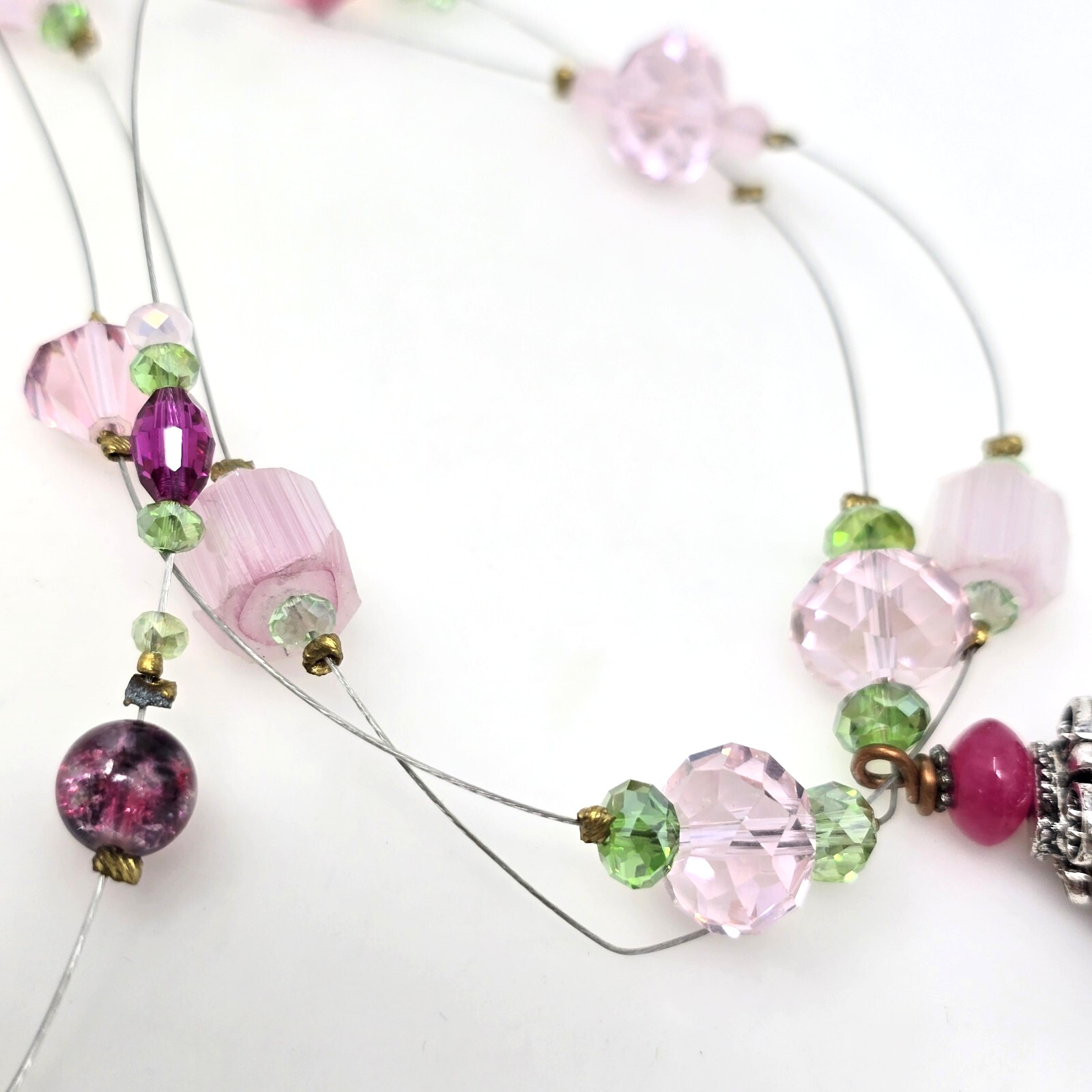 Handmade Y Necklace Large Lampwork Glass Pendant with Pink Faceted Crystal Beads