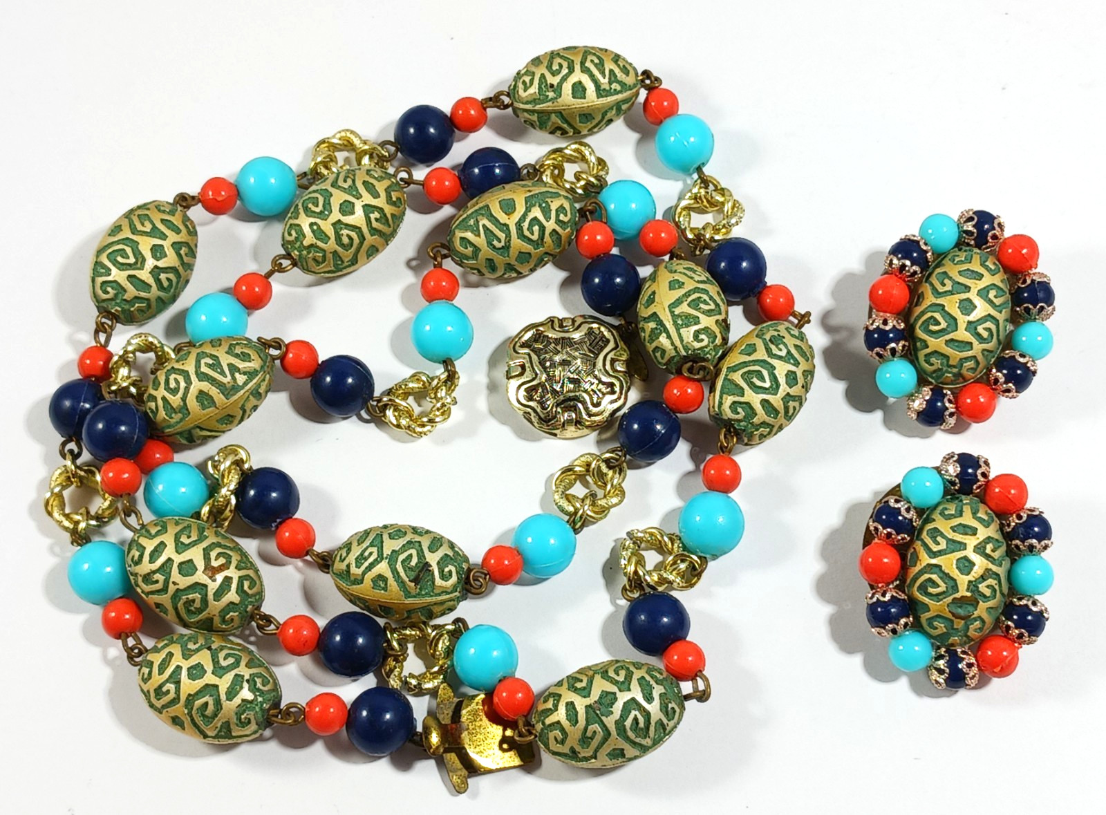 West Germany Plastic Beaded Necklace and Clip On Earrings Set