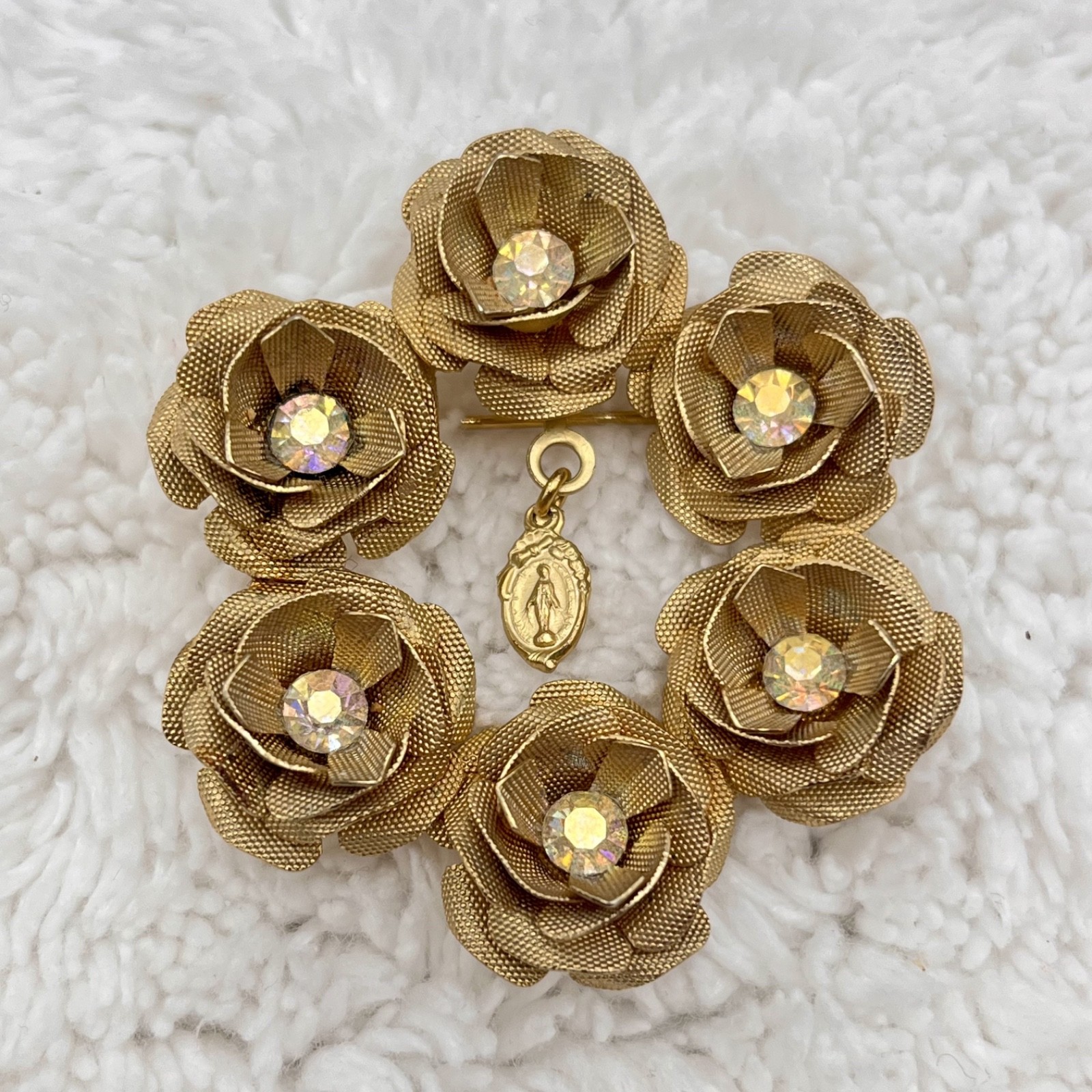 Vintage Textured Floral Brooch Miraculous Medal Dangle Gold Tone 2″