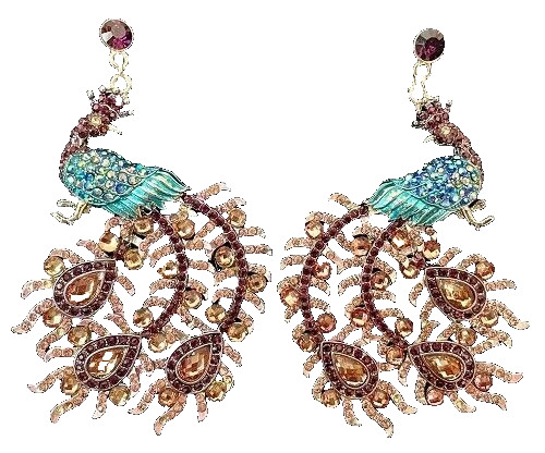 BEAUTIFUL RHINESTONE PEACOCK EARRINGS PURPLE PINK & BLUE STONES ON SILVER