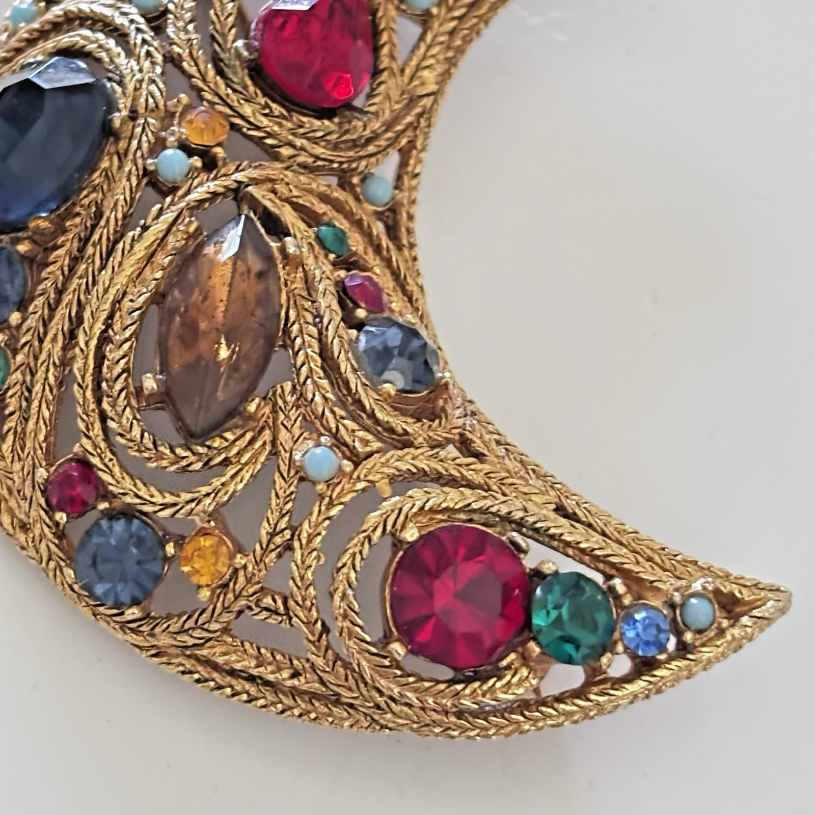 LaRoco Attributed 1950s Moon Brooch Colorful Gold Tone Rhinestones Florenza?