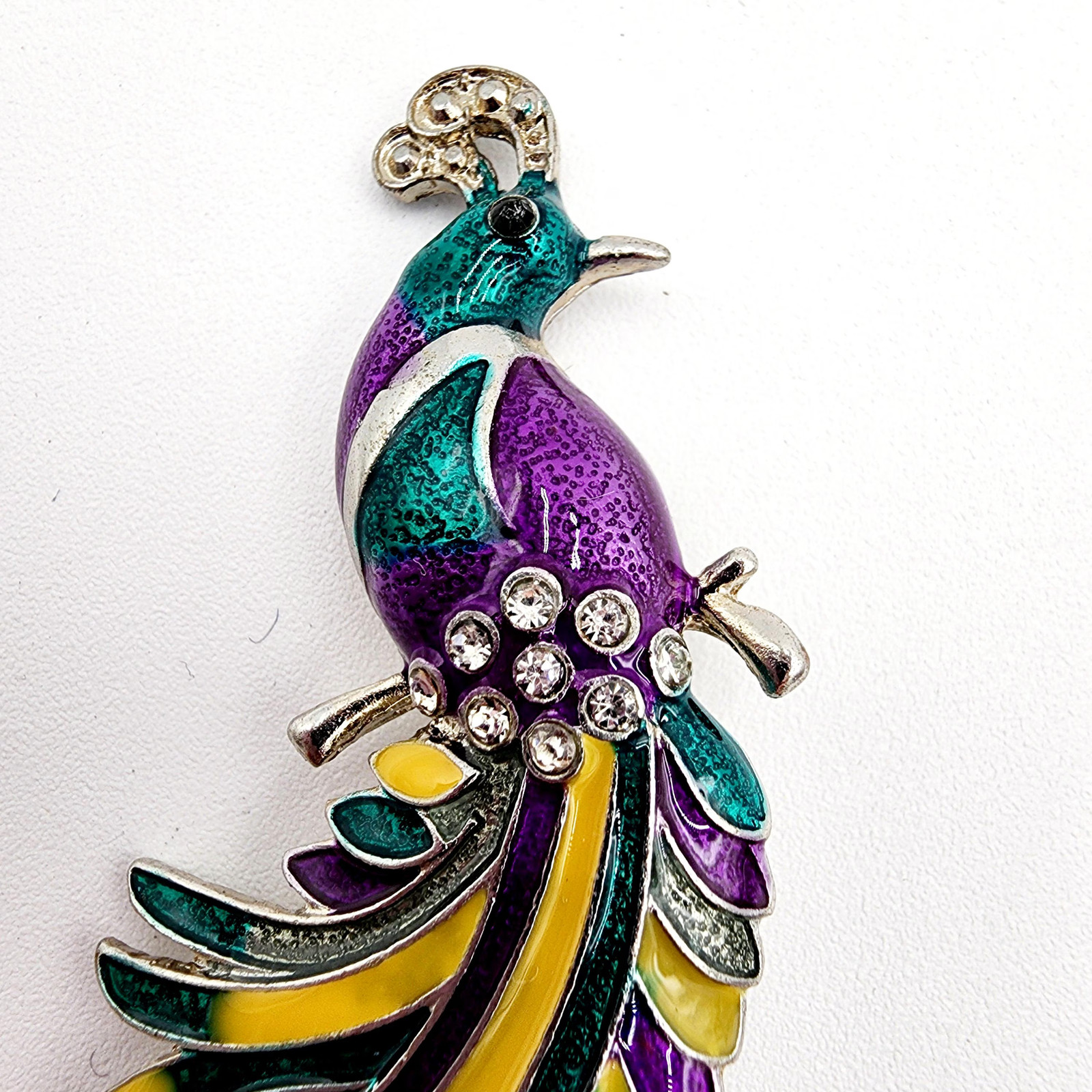 Peacock Bird Of Paradise Enameled Brooch Peacock with Purple Yellow And Green