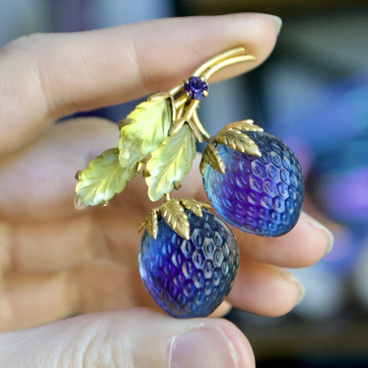 Vintage Austrian Gold Tone Blue and Purple Bicolor Strawberry Brooch
