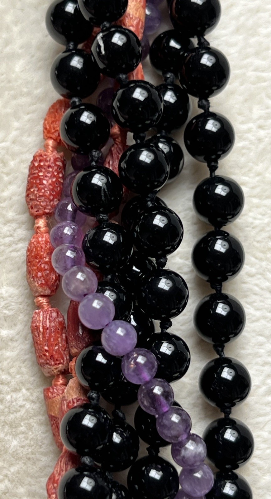 Vintage Celia Sebiri Black Agate Coral Amethyst Multi Strand Long Necklace 28”