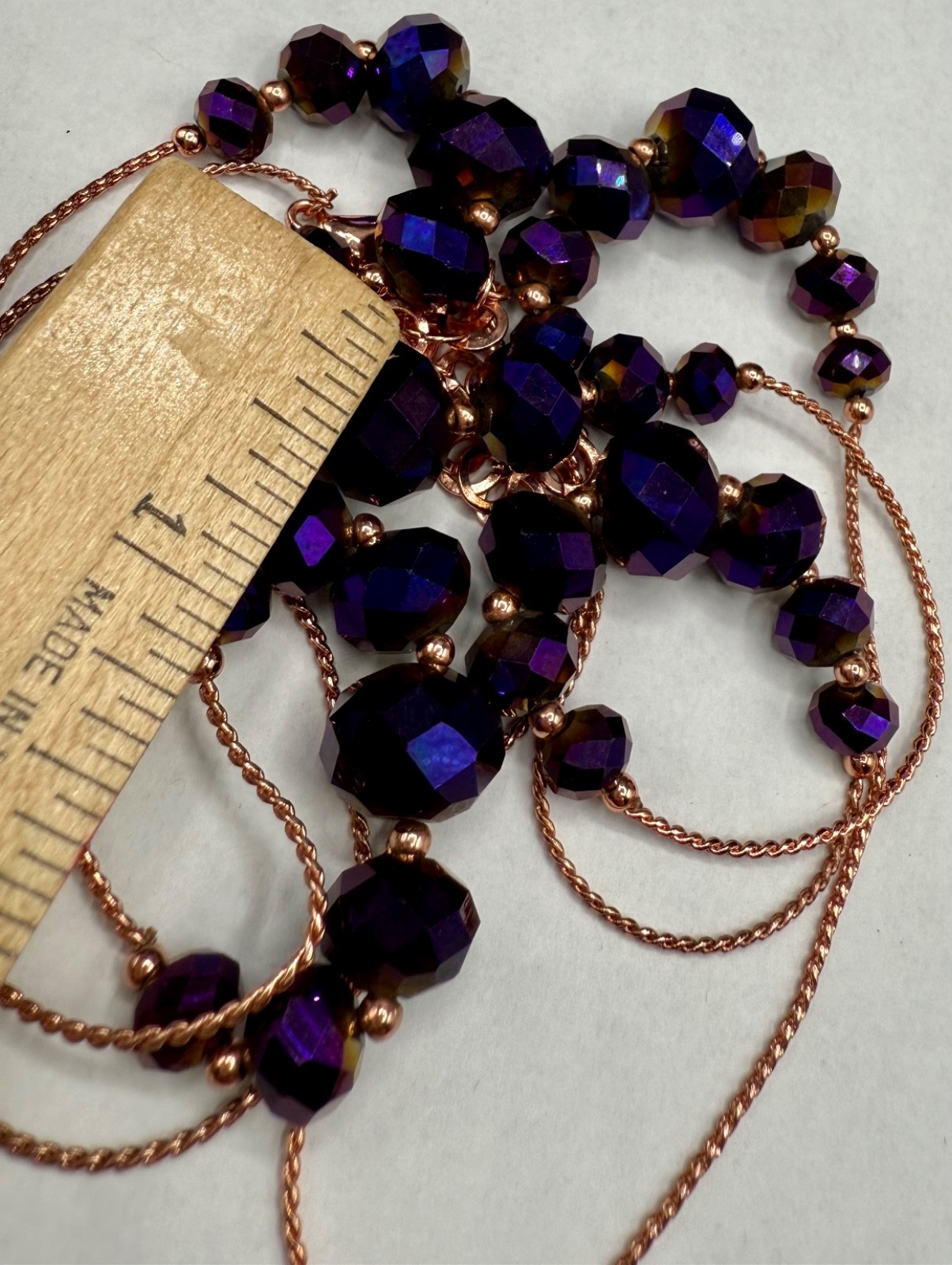 ESTATE ROSE GOLD PLATED PEACOCK PURPLE GLASS BEAD CHAIN NECKLACE 44″ SIGNED