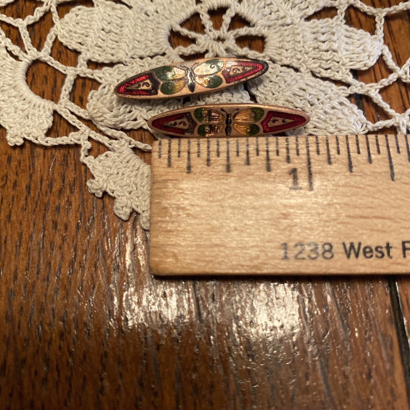 2- 1 inch long Victorian Cloisonné Butterfly Bar Pin Enamel C Clasp Brooch Vtg