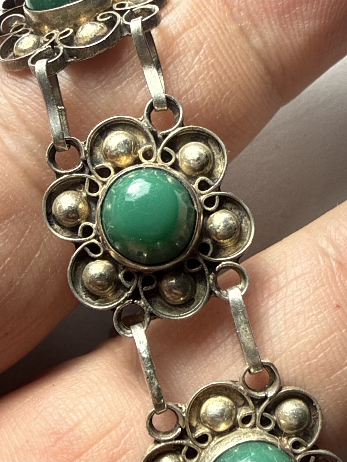 bracelet Taxco Mexico 980 Silver Better Than 925 Sterling Green Onyx Vintage 7.5