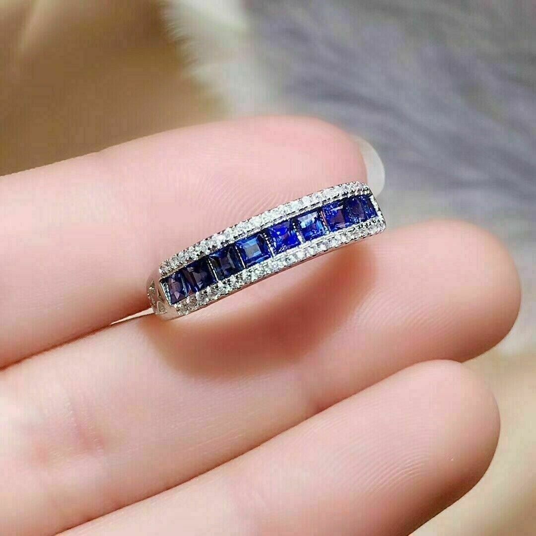 1.2CTW Blue Princess Cut CZ Art Deco Antique Style Wedding Band 925 Silver Ring