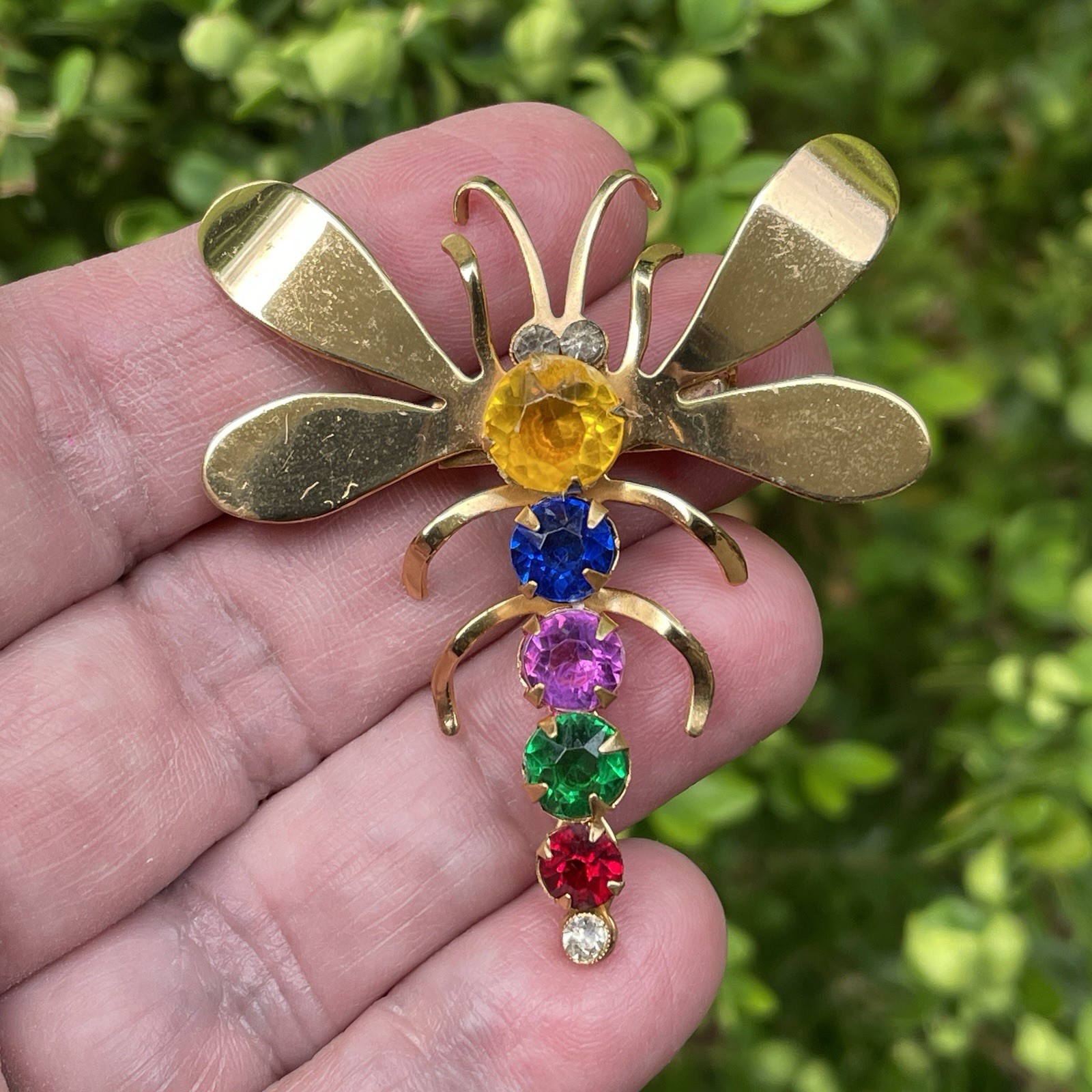 Vintage Coro Dragonfly Brooch Multi Color Rhinestone Bug Rainbow Signed Pin