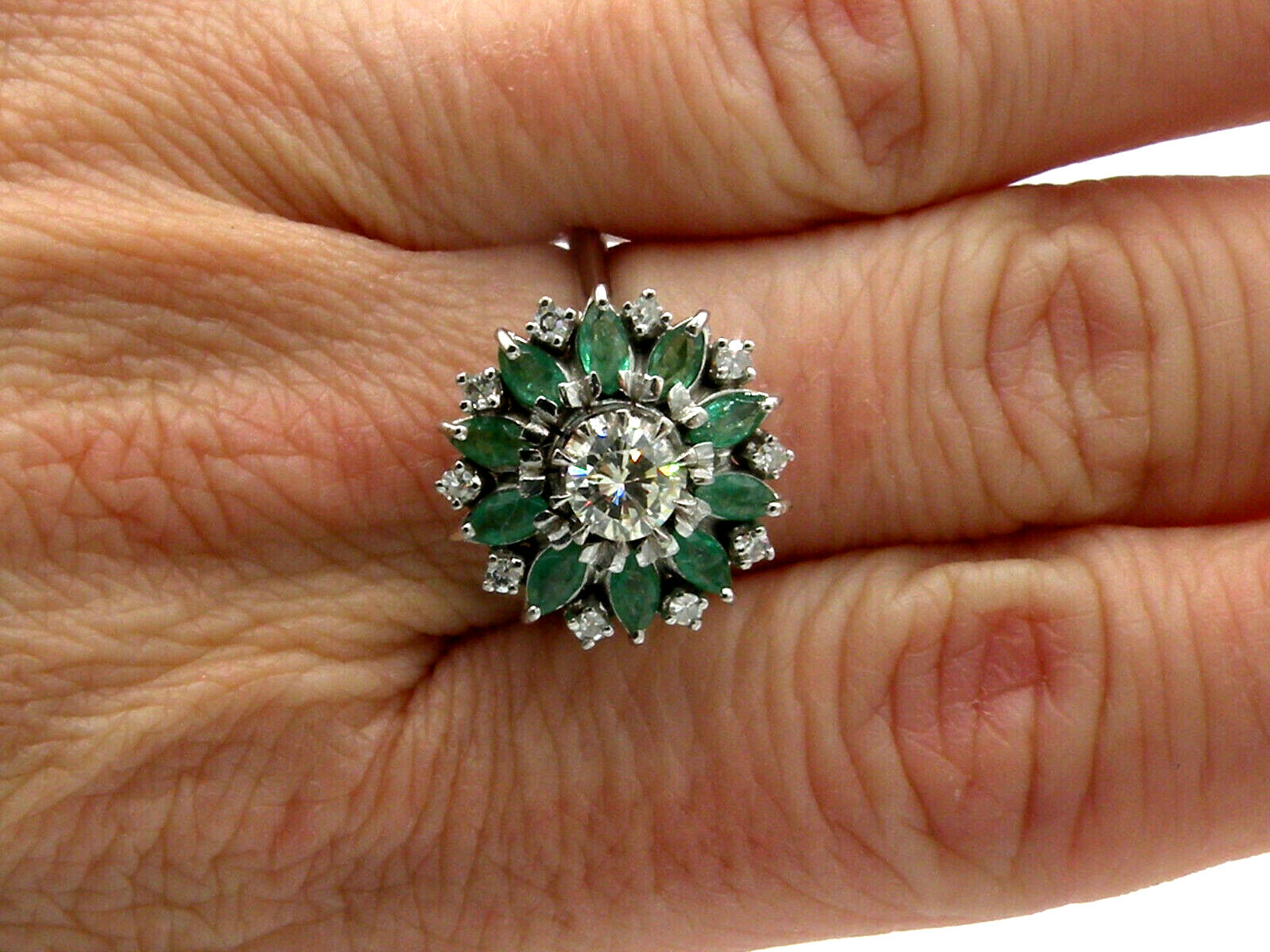 Stunning Cluster in Platinum with Diamonds and Emeralds Ring