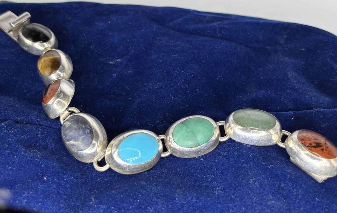 Vintage Sterling Silver And Gem Stone Bracelet Marked Mexico- Jeweler Checked!