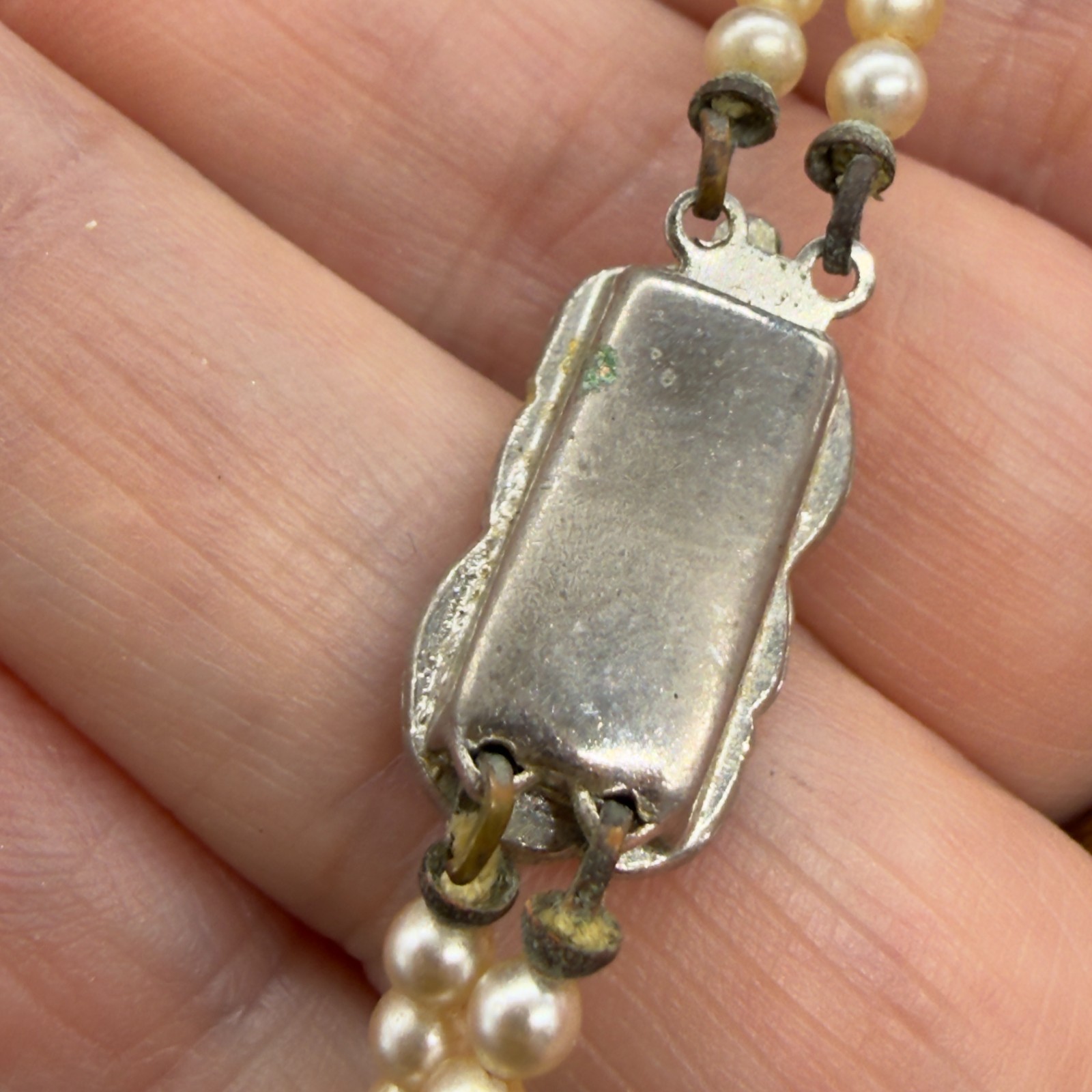 Vintage Art Deco Pearl Necklace Double Strand Box Clasp Rhinestones 17 Inches