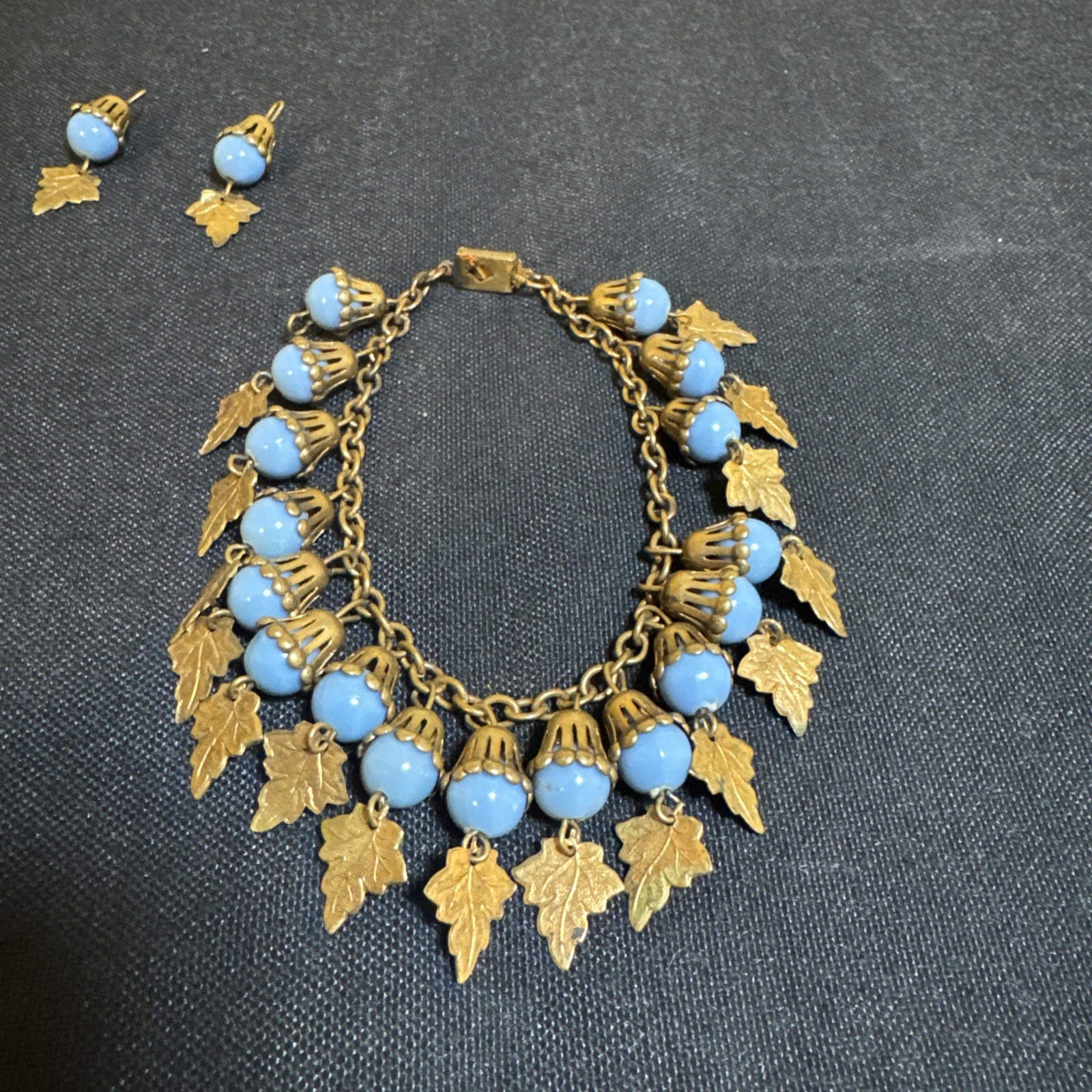 Vintage Flower-like Capped Blue Celluloid Balls w/ Leaves Necklace & Bracelet