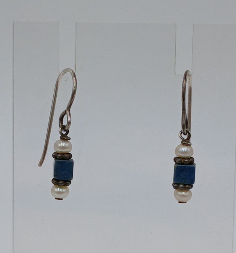 VTG Beaded Dangle Earrings 1in Drop Blue Stone Seed Pearl Silver Tone Estate