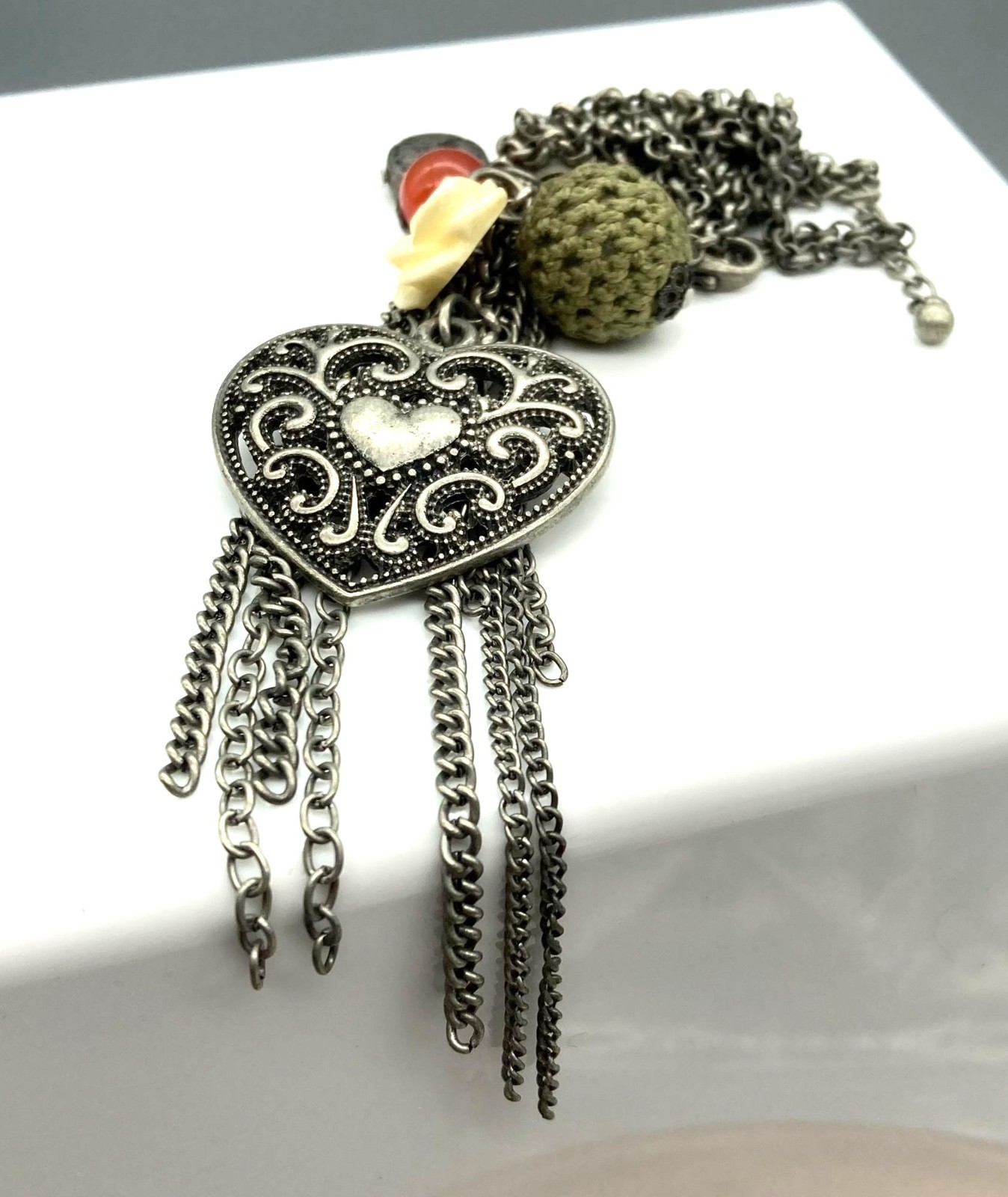 Vintage Hearts and Flowers Charm Pendant Necklace on Long Silver Tone Rolo Chain