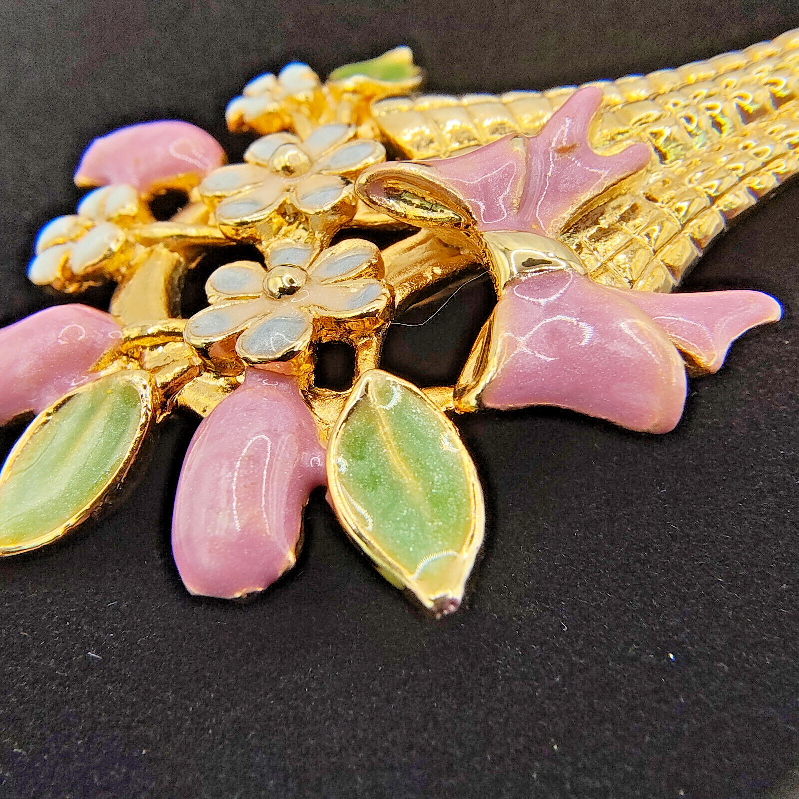 Vintage Flower Basket Brooch Pin Colorful Enamel Gold Tone Cottagecore